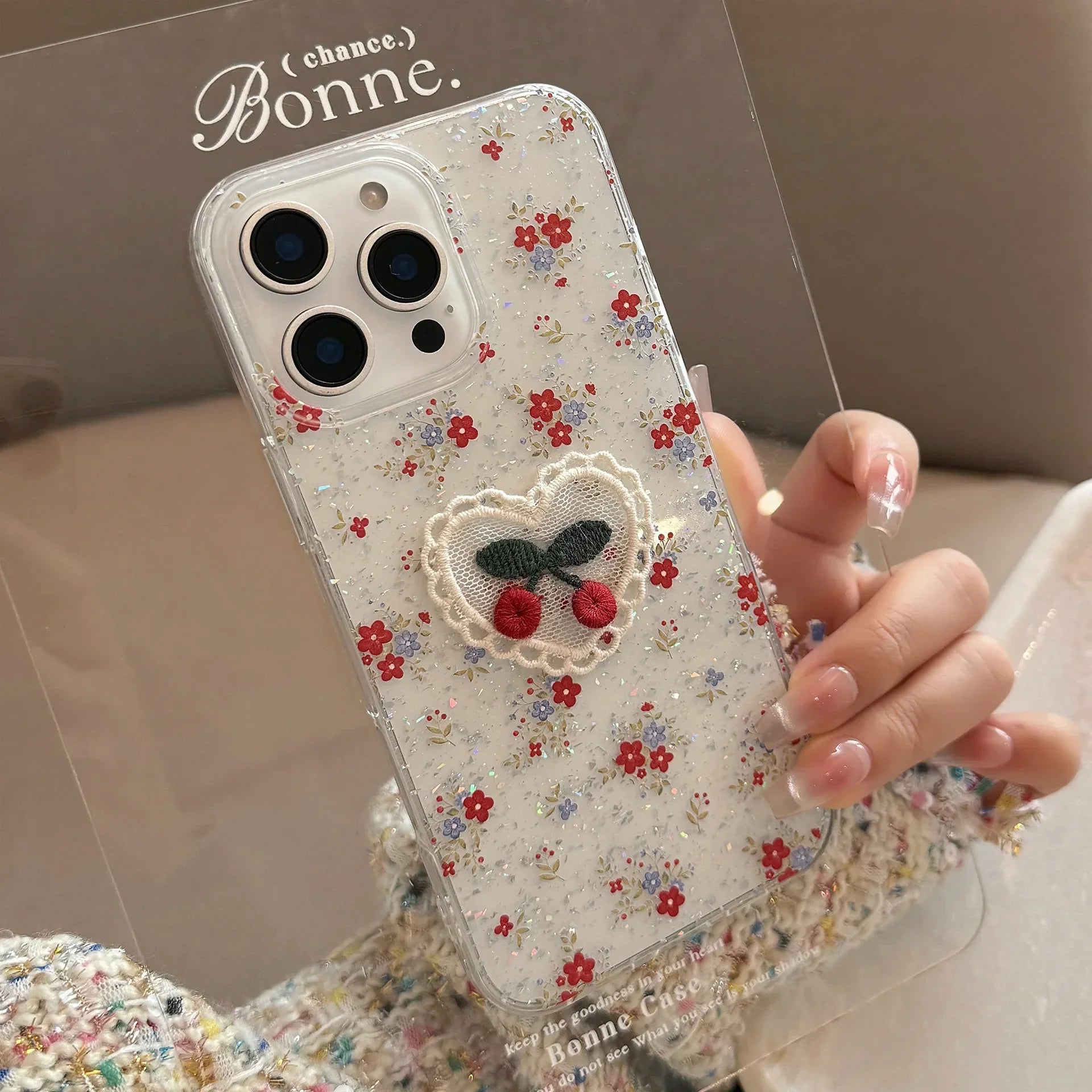 3D Glitter Flowers Lace Cherry Embroidery Phone Case For iPhone