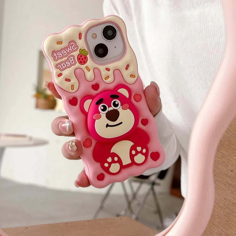 Lotso Strawberry Bear Cheese Face Holder Grip Tok Cartoon Silicon Soft Cover Phone Case