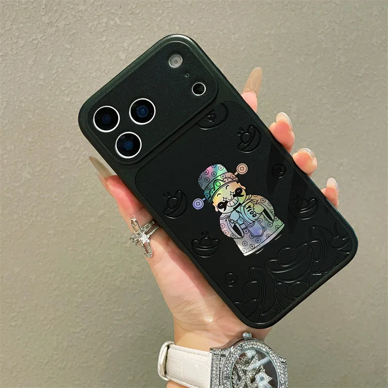 Luxury Cartoon God Of Wealth Laser Leather Texture Phone Case For iPhone