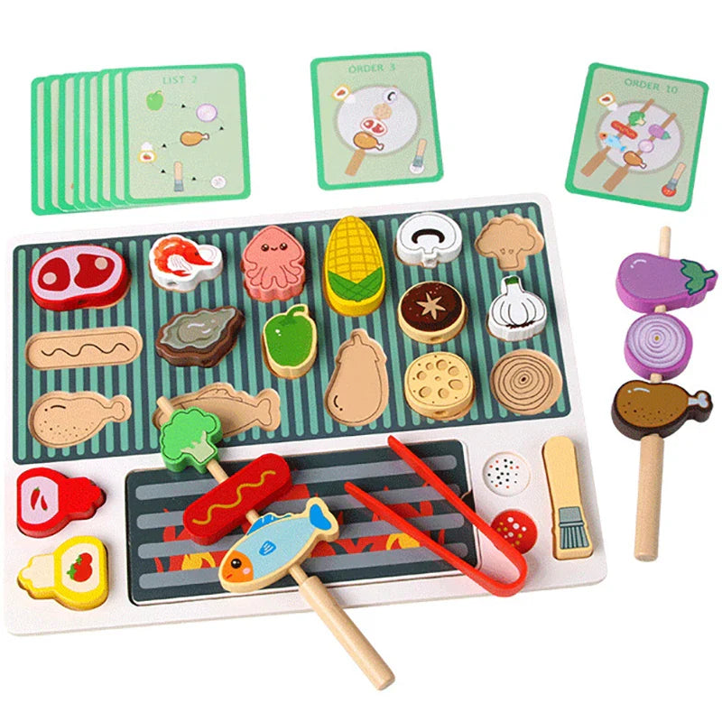 Kids Wooden Barbecue Kitchen Toy Set – Pretend Play Food Cutting Game