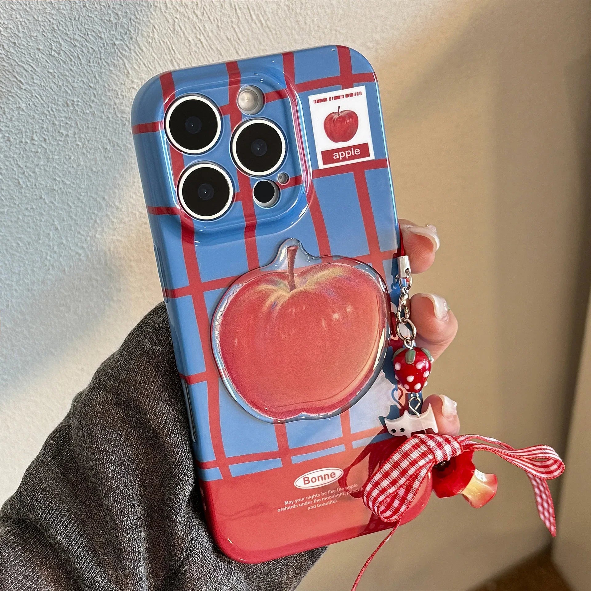 Korean Cute 3D Red Apple Lattice Phone Case With Chain For iPhone