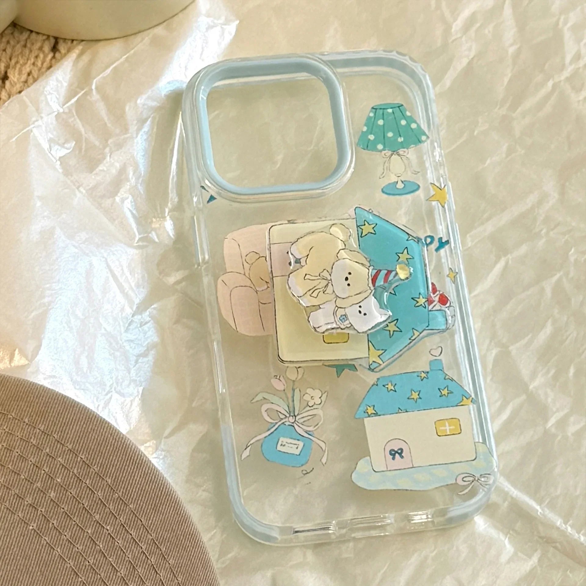 Korean Cute Cartoon Graffiti House Puppy Rotate Bracket Soft Phone Case For iPhone