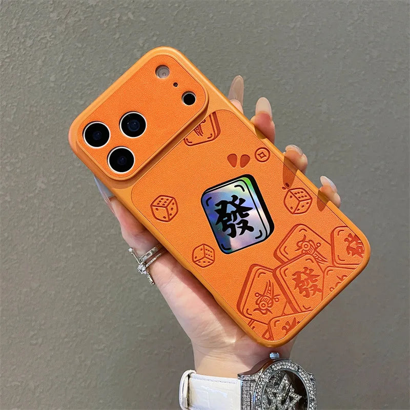 Luxury Cartoon Mahjong Get Rich Laser Leather Texture Couple Phone Case For iPhone