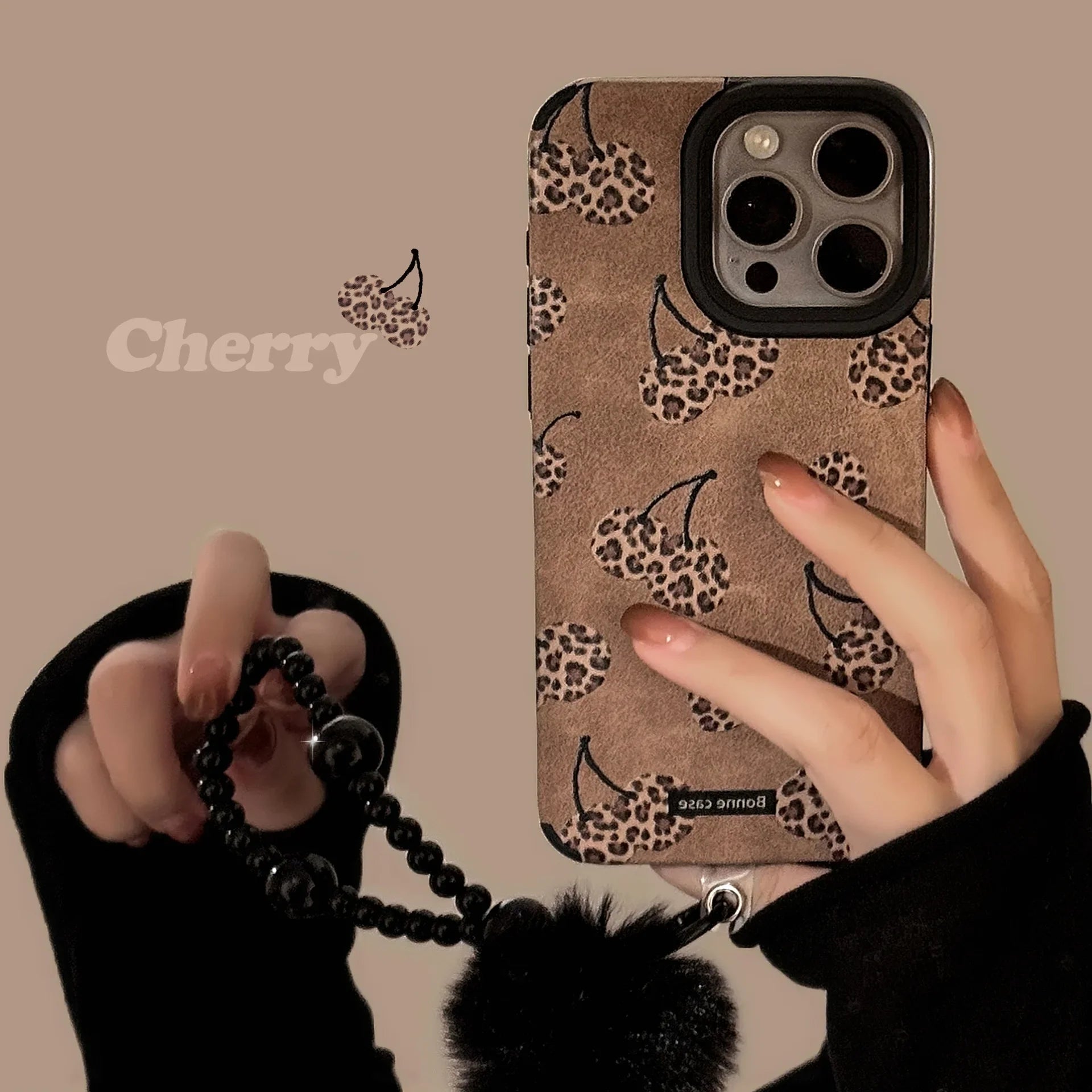 Leopard Print Cherry Suede Leather Phone Case with Beaded Chain For iPhone