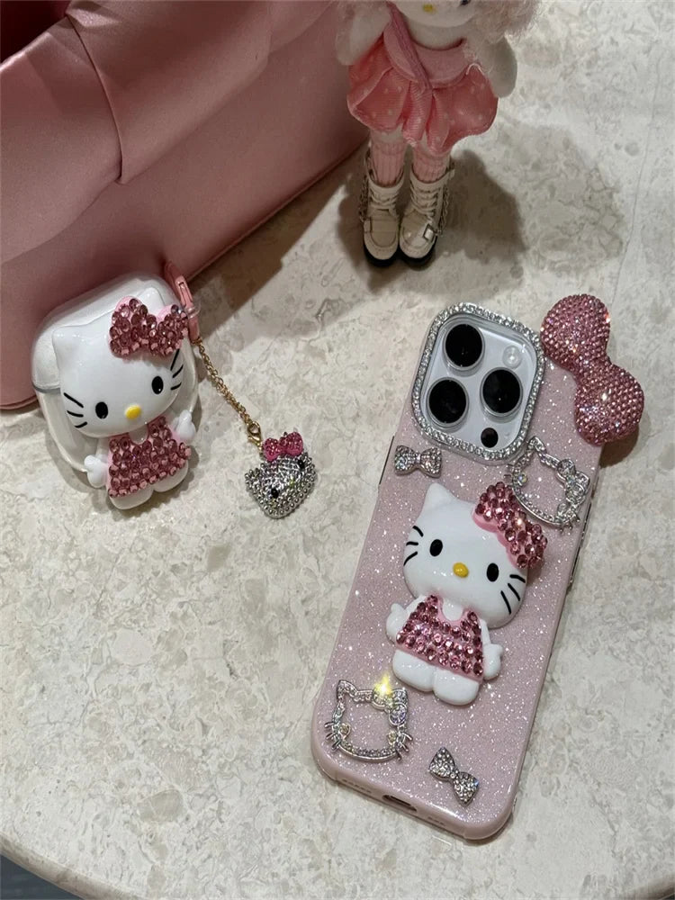Premium Cute Hello Kittys Full Rhinestones Bow Tie Phone Case For iPhone