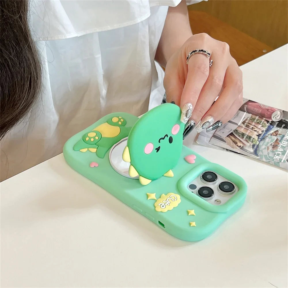 Cute Dinosaur Case Soft Silicone Cover With Holder&Mirror For iPhone