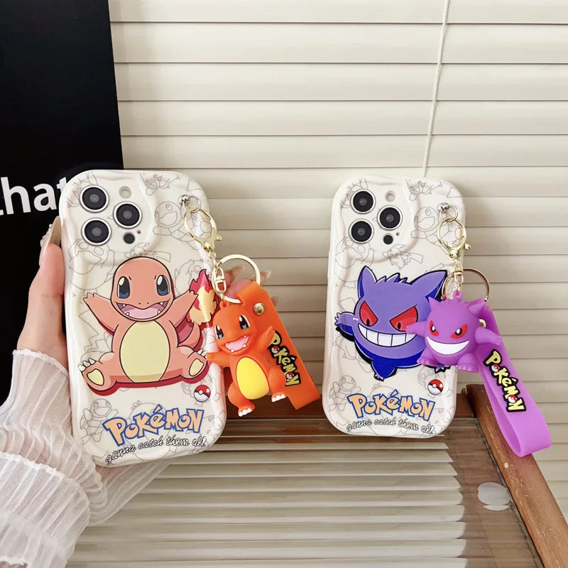 Cartoon Pikachu Gengar Wave Phone Case With Keychain For iPhone