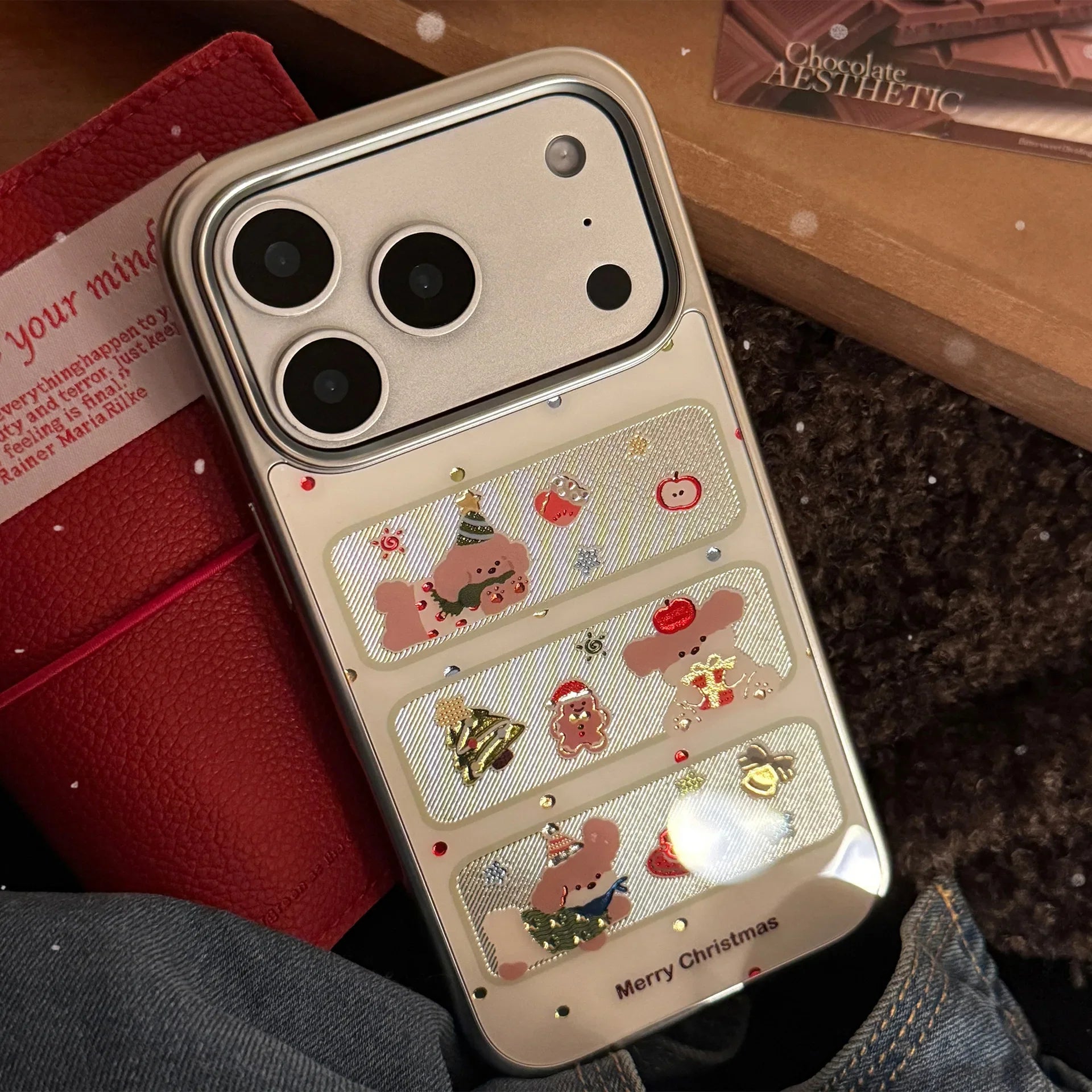 Korean Christmas Style Cartoon Puppy Silver Edge Plating Phone Case For iPhone