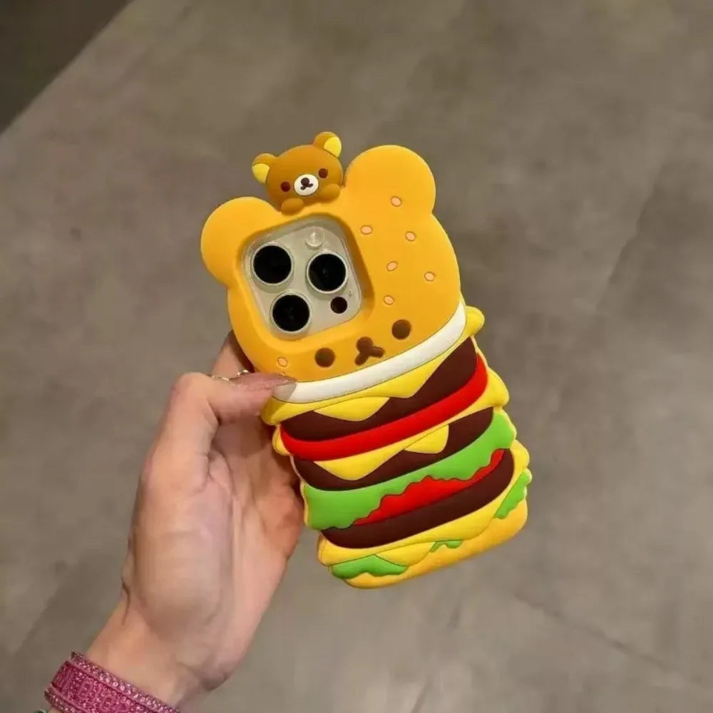 New Cartoon 3D Fun Burger Rilakkuma Silicone Phone Case For iPhone