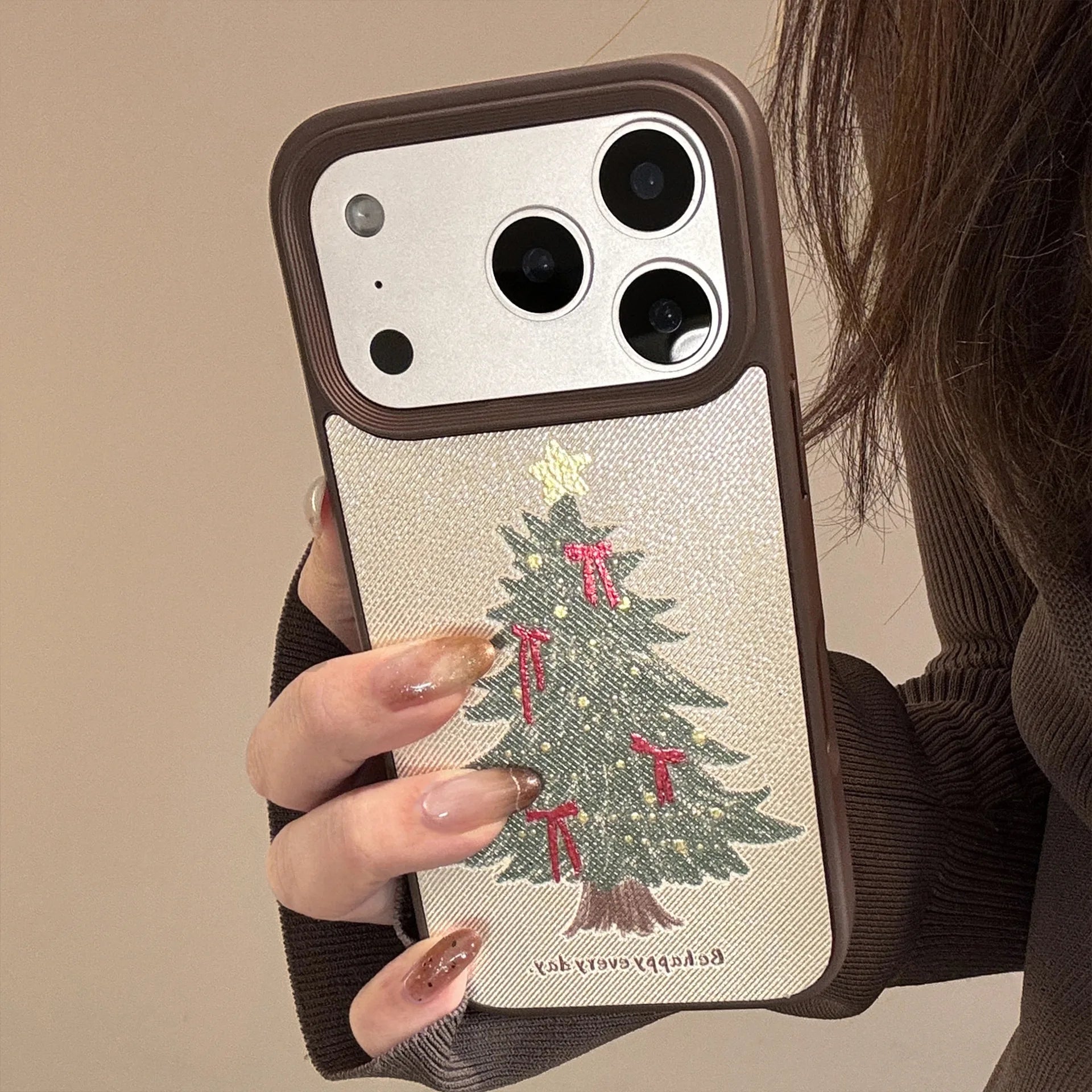 Korean Bowknot Christmas Tree Pattern Leather Texture Phone Case For iPhone