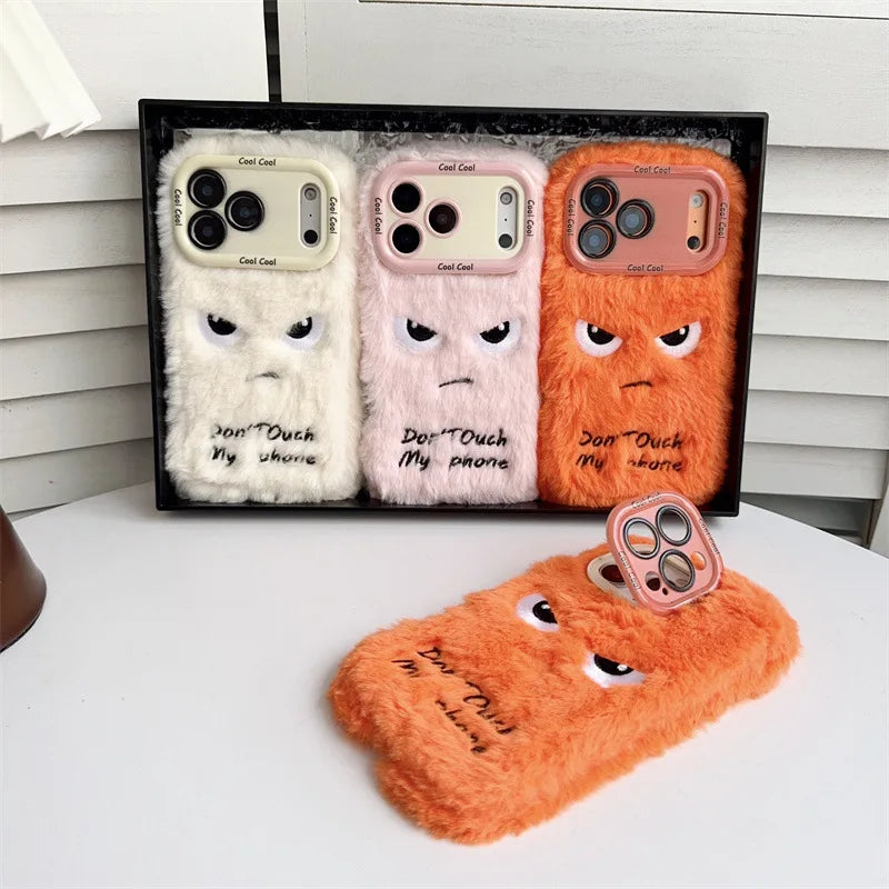 Cartoon Angry Face Expression Fluffy Plush Phone Case For iPhone