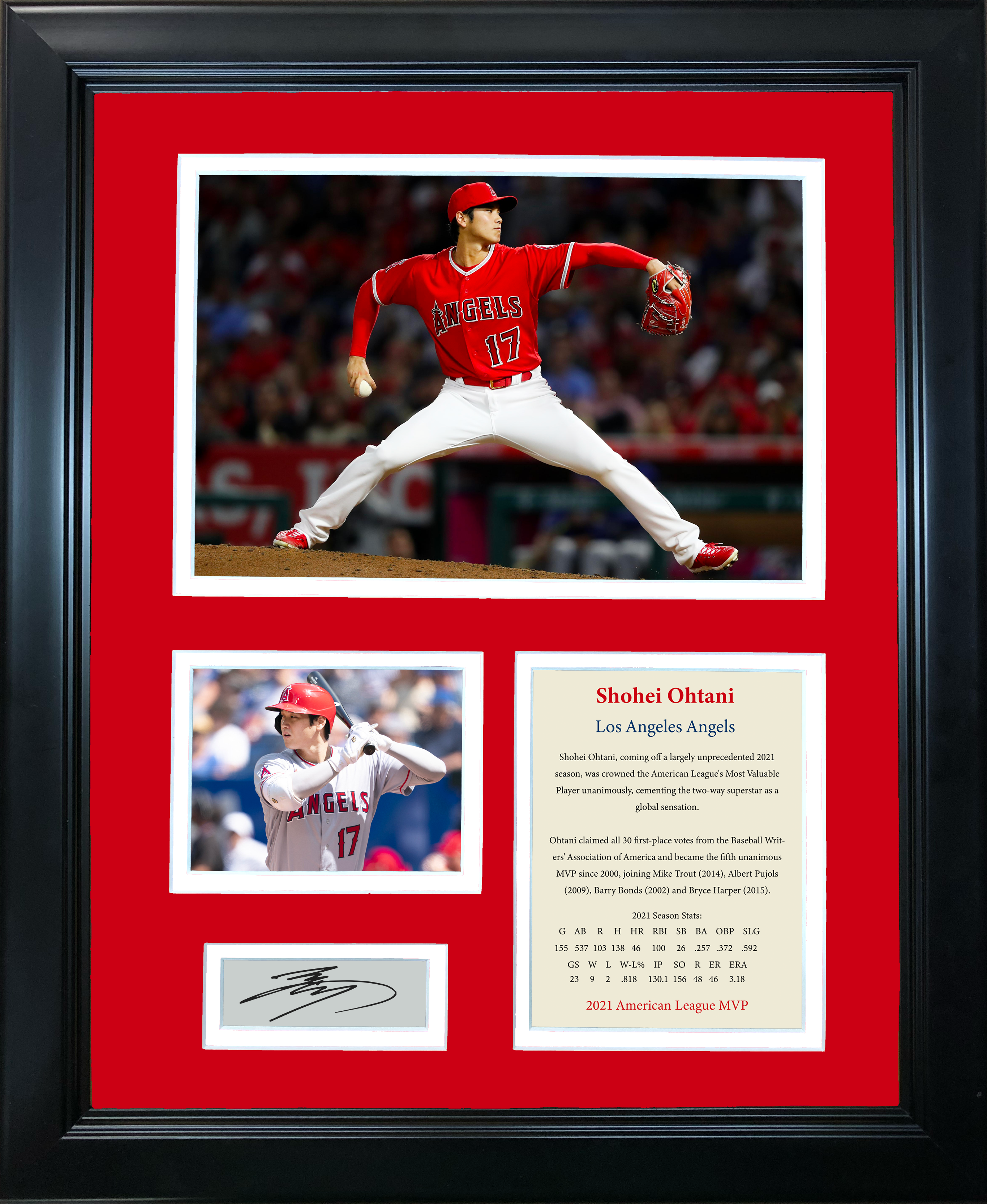 Framed Shohei Ohtani 2021 AL MVP Facsimile Laser Engraved Signature Auto Los Angeles Angels Baseball 11"x14"Photo Sig Collage
