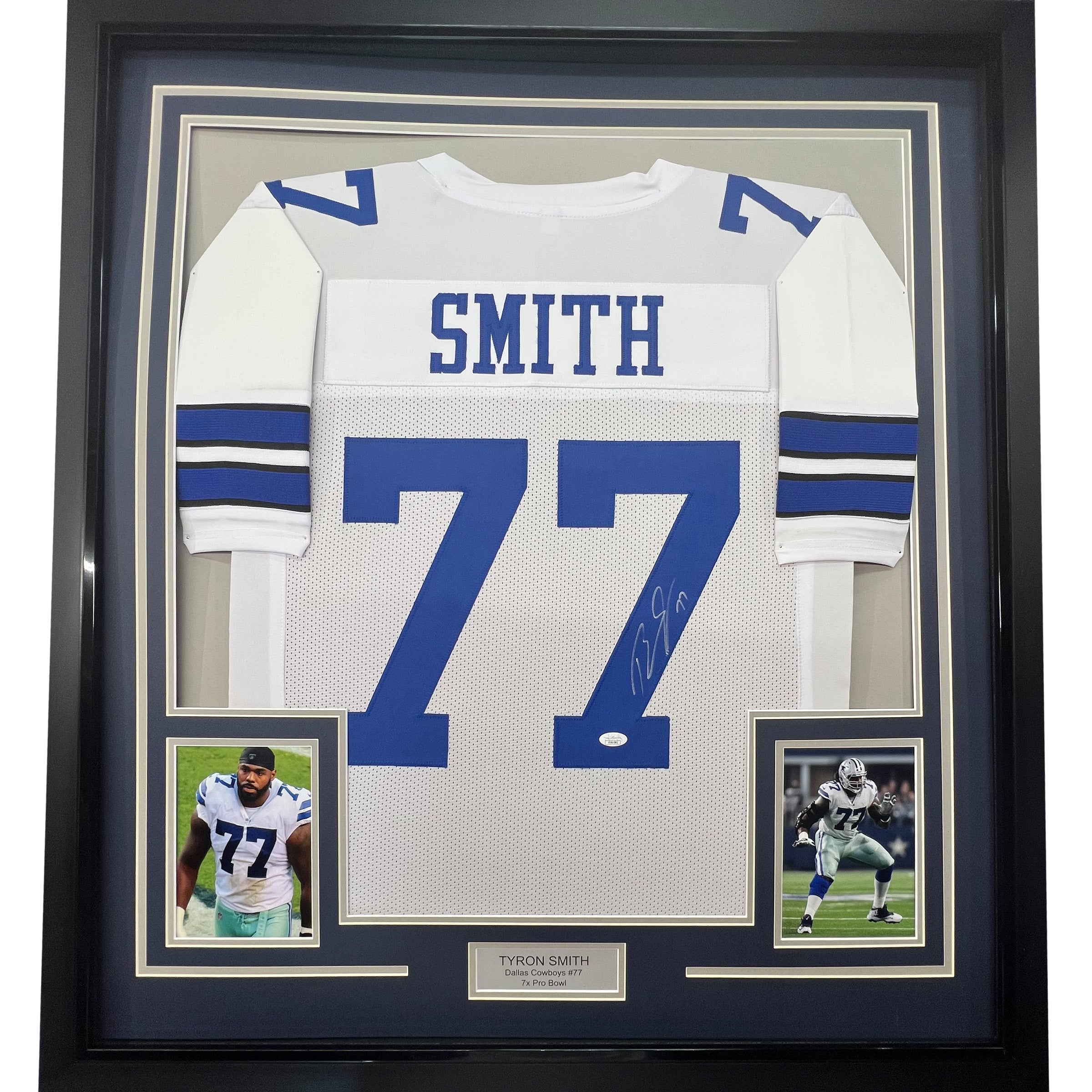 Framed Autographed/Signed Tyron Smith 35x39 Dallas White Football Jersey JSA COA