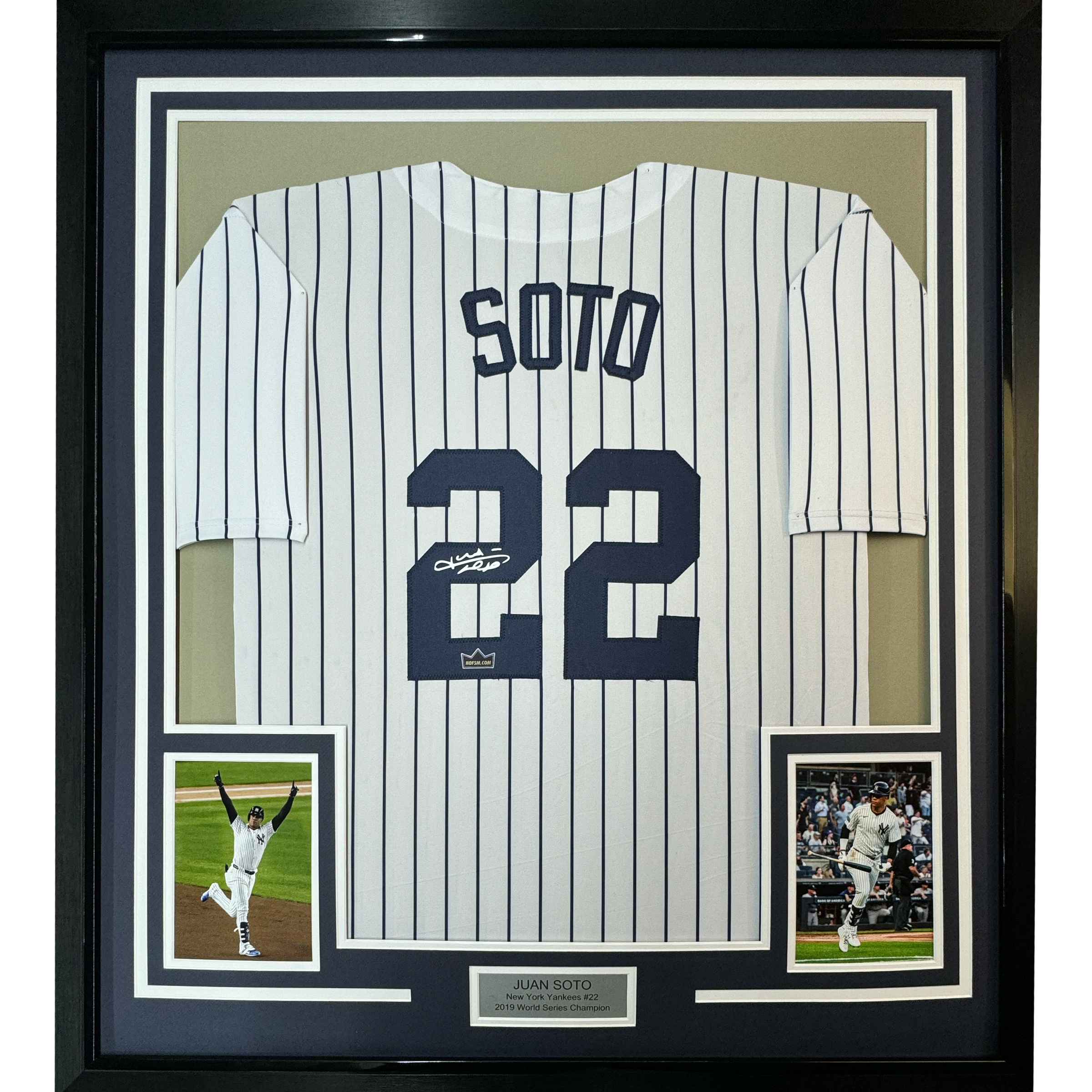 Framed Facsimile Autographed Juan Soto 35x39 New York Pinstripe Reprint Laser Auto Baseball Jersey