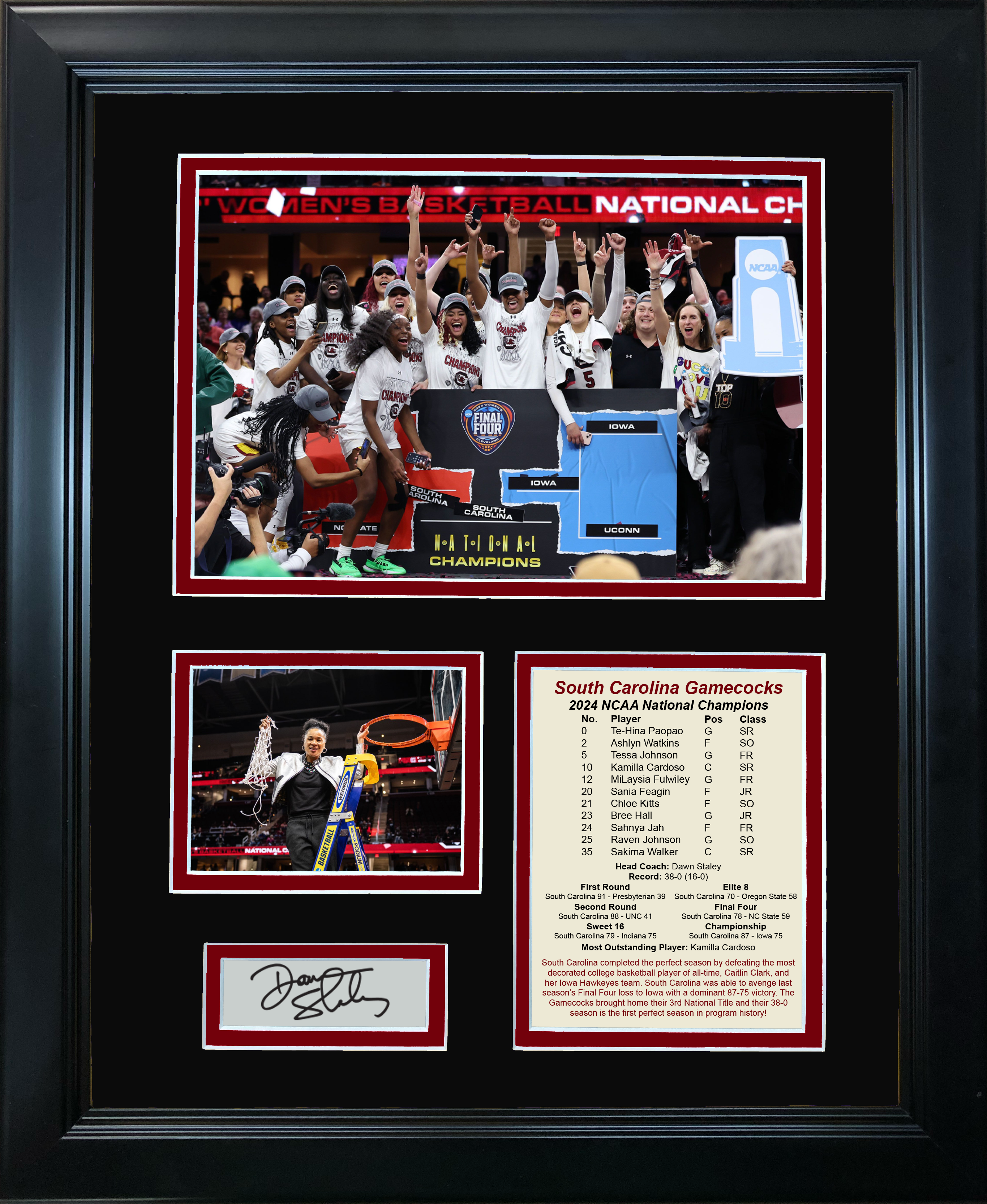Framed South Carolina Gamecocks 2024 Women's NCAA National Champions Dawn Staley Facsimile Laser Engraved Signature Auto 11"x14" College Basketball Photo Sig Collage