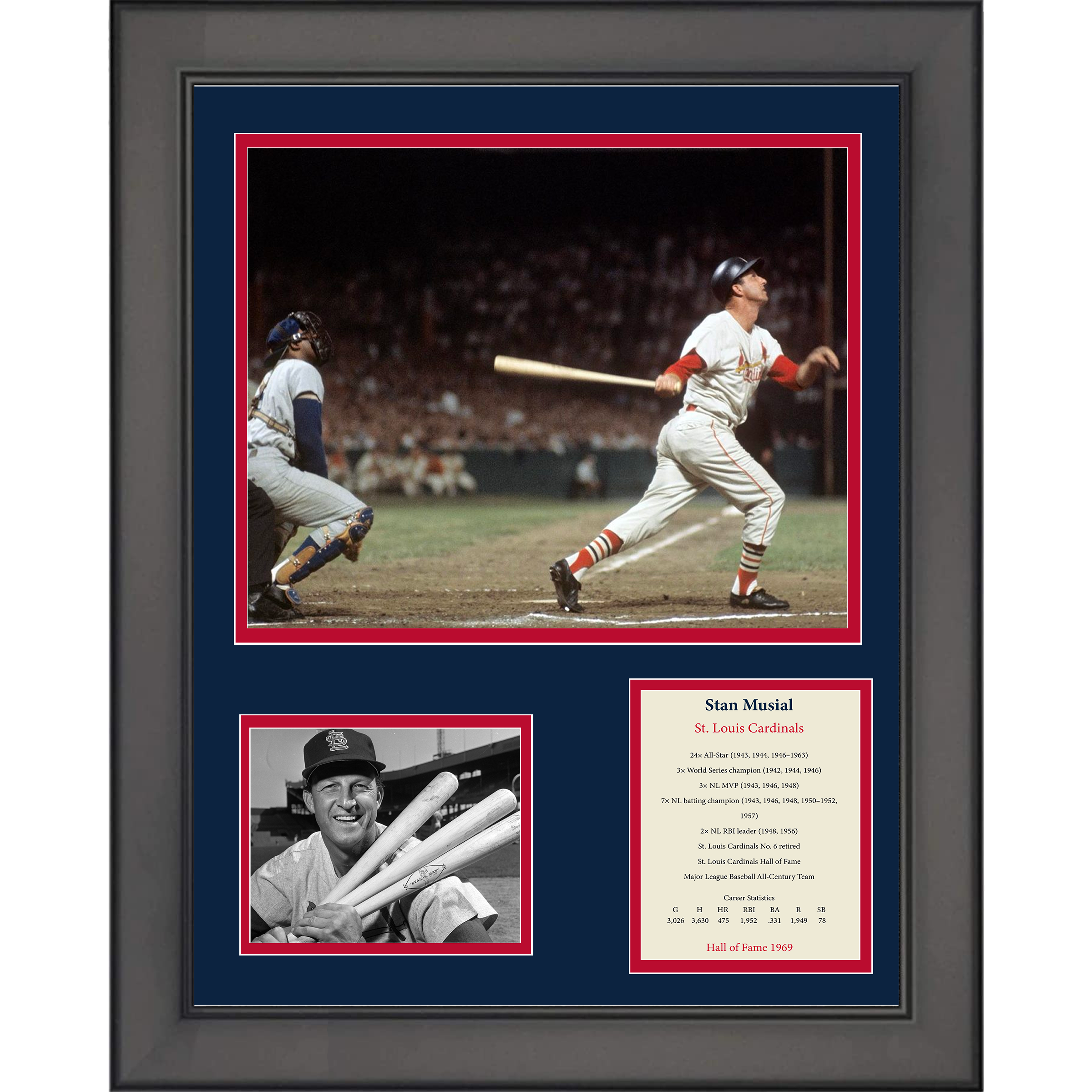 Framed Stan Musial Hall of Fame Baseball 11"x14"Three Photo Collage