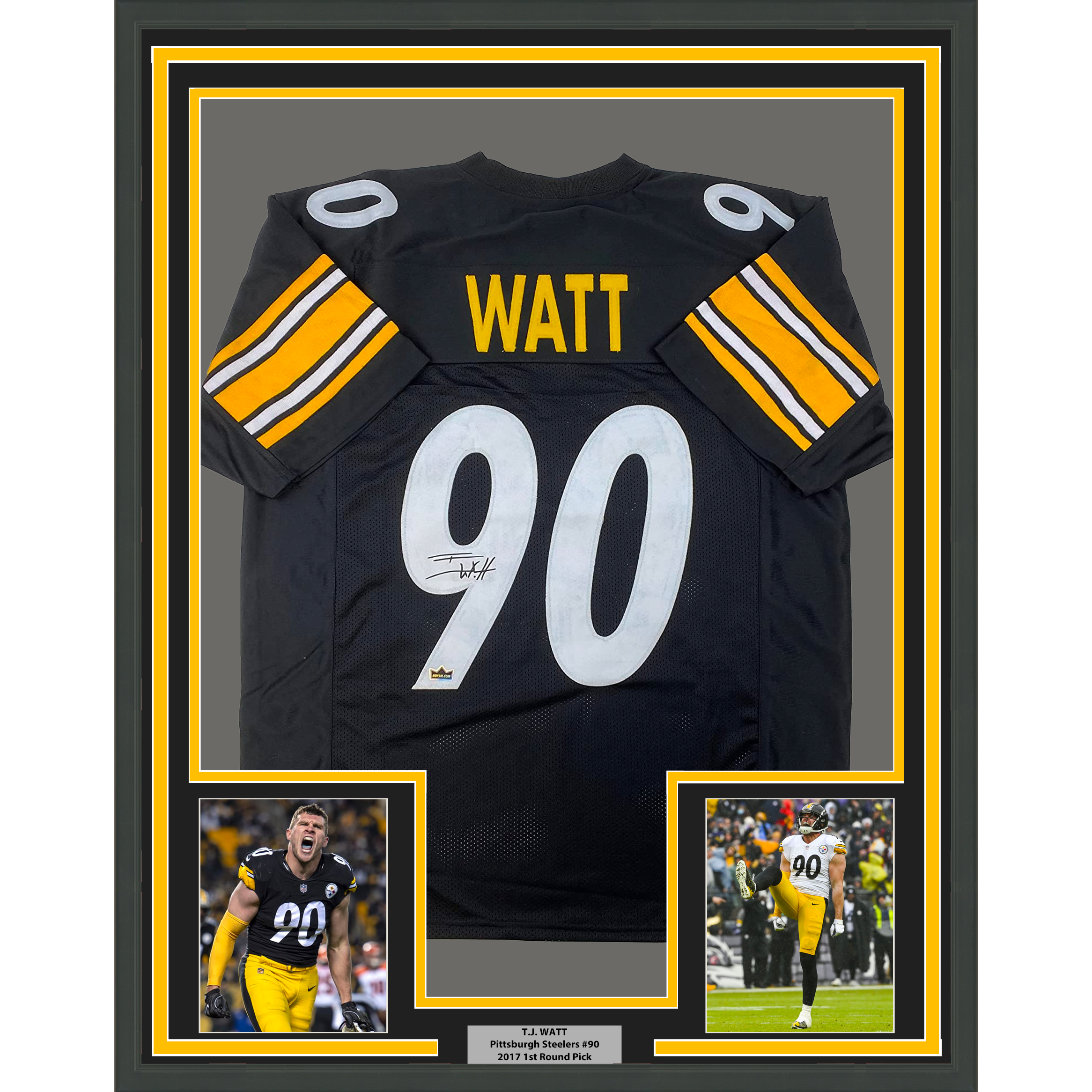Framed Facsimile Autographed T.J. TJ Watt 35x39 Pittsburgh Black Reprint Laser Auto Football Jersey Size Men's XL