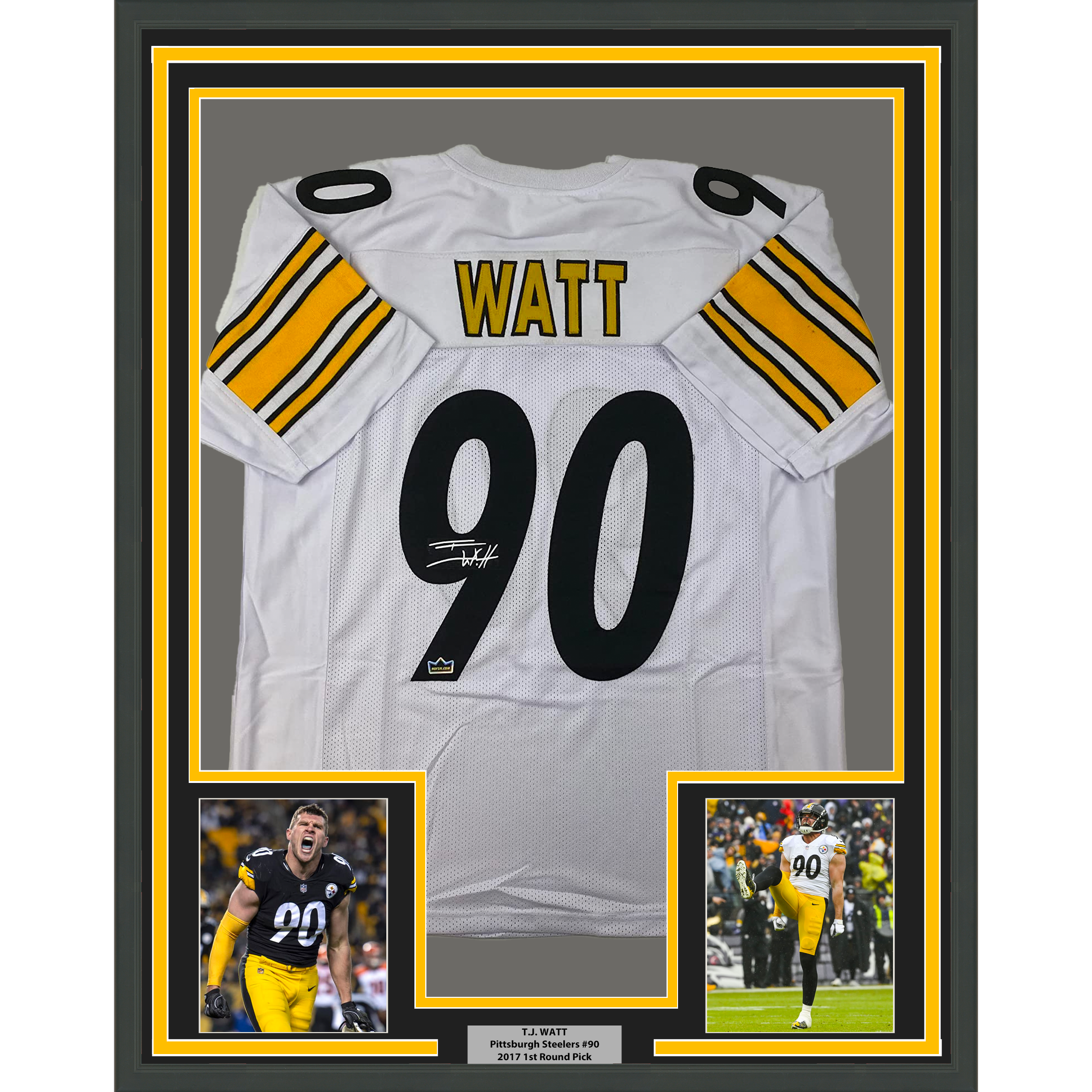 Framed Facsimile Autographed T.J. TJ Watt 35x39 Pittsburgh White Reprint Laser Auto Football Jersey Size Men's XL
