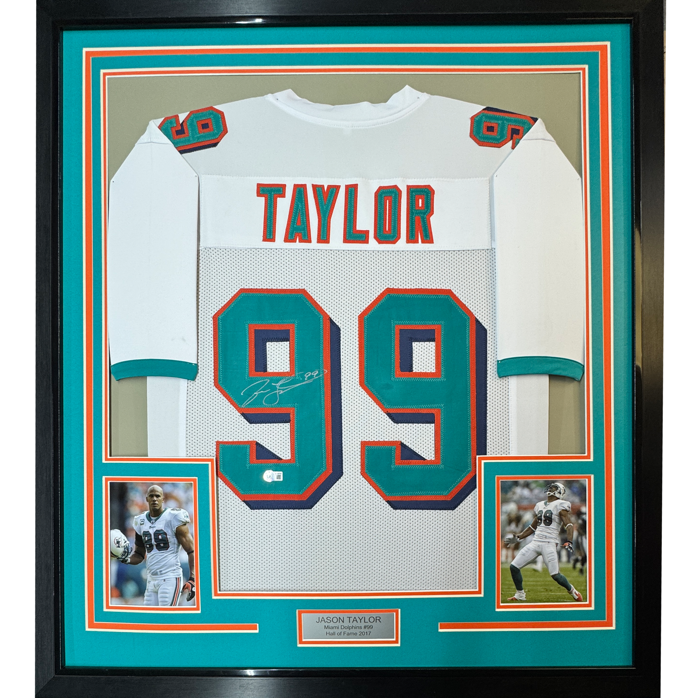 Framed Autographed/Signed Jason Taylor 35x39 Miami White Football Jersey Beckett BAS COA