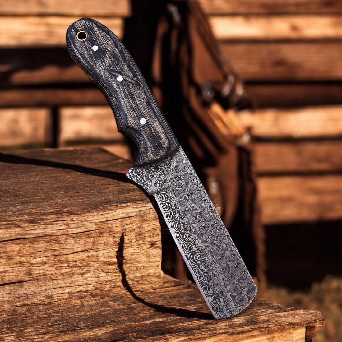 Premium Damascus Bull Cutter Knife - 8" Tear Drops Damascus Steel with Exotic Black Wood Handle