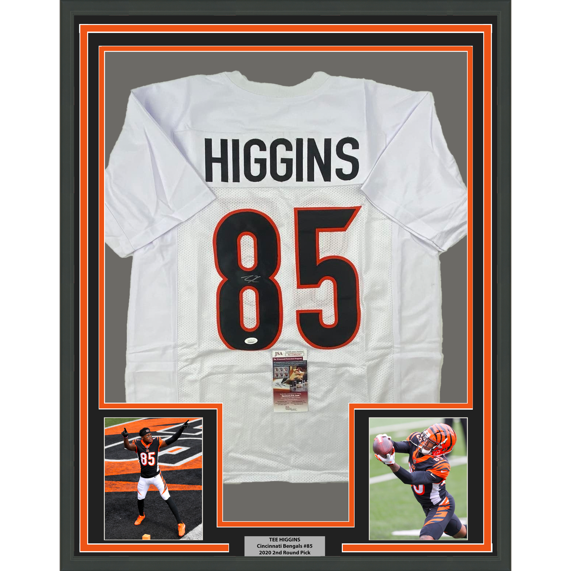 Framed Autographed/Signed Tee Higgins 35x39 Cincinnati White Football Jersey JSA COA