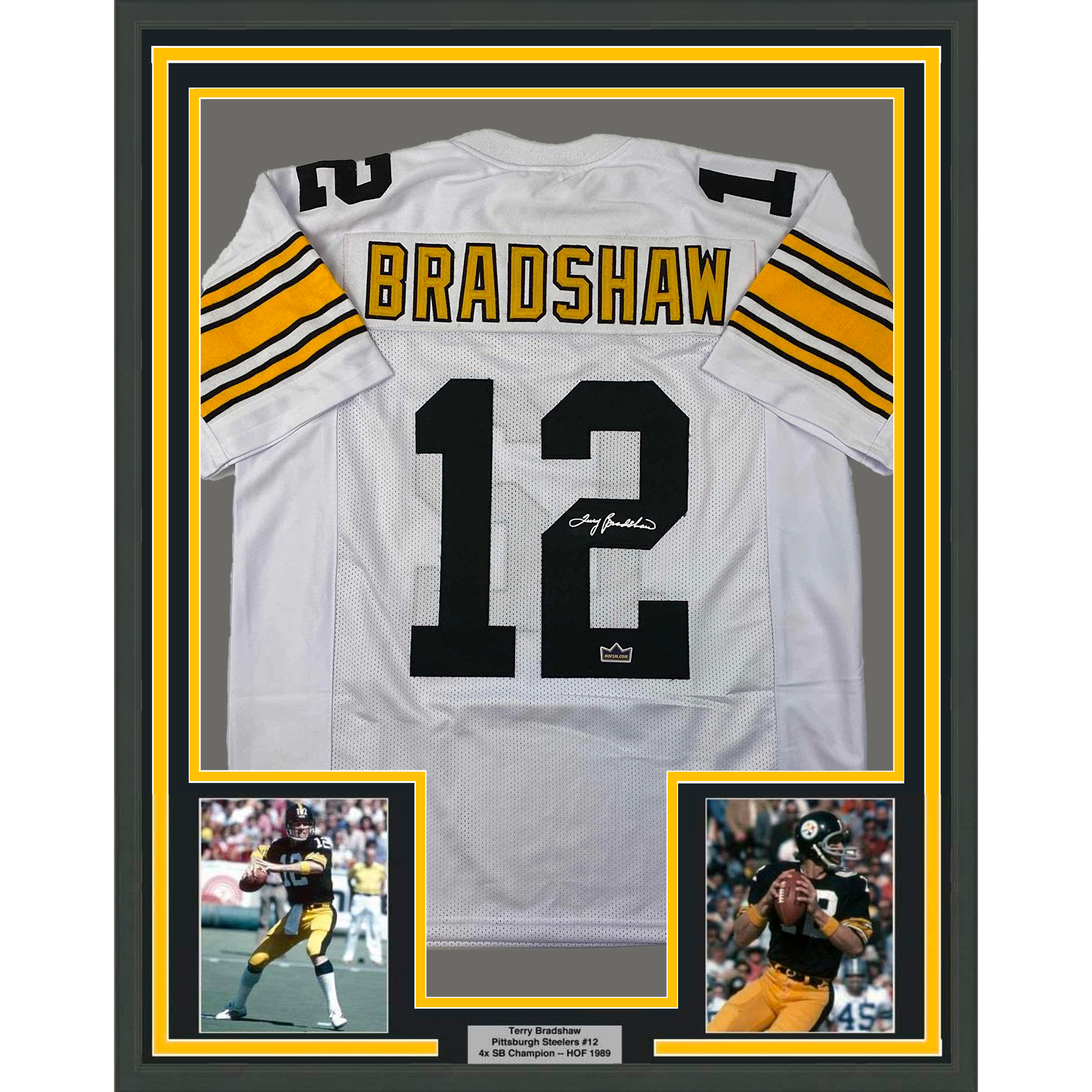 Framed Facsimile Autographed Terry Bradshaw 35x39 Pittsburgh White Reprint Laser Auto Football Jersey