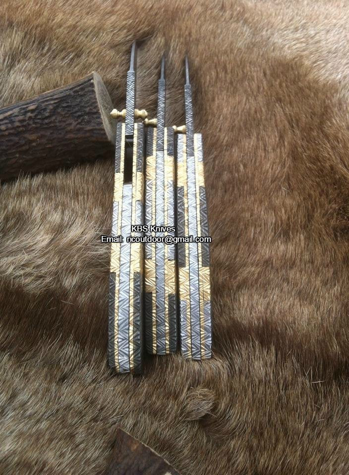Everyday Carry Set of 3 Hand Engraved Damascus Steel Folding Pocket Knives with Steel and Brass Handles – The TriGuard Collection