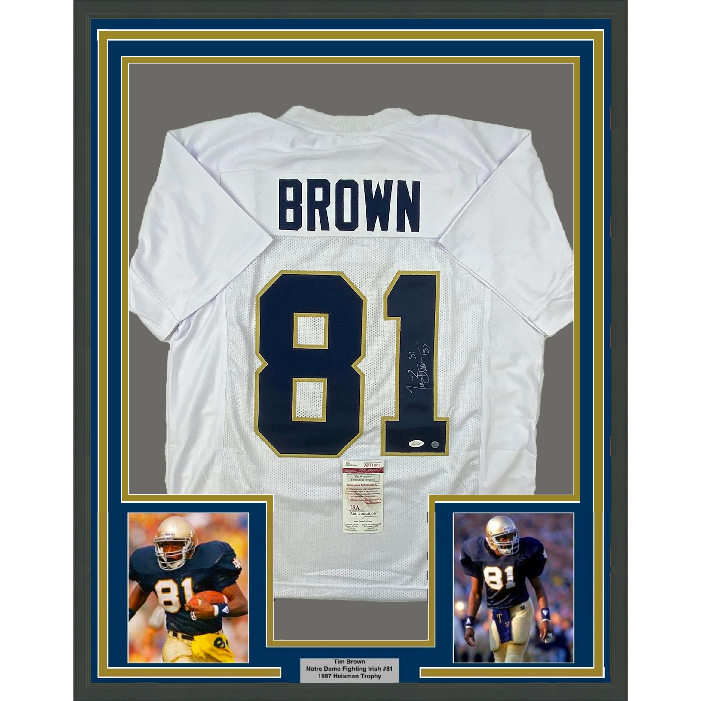 Framed Autographed/Signed Tim Brown 35x39 Notre Dame White College Football Jersey JSA COA