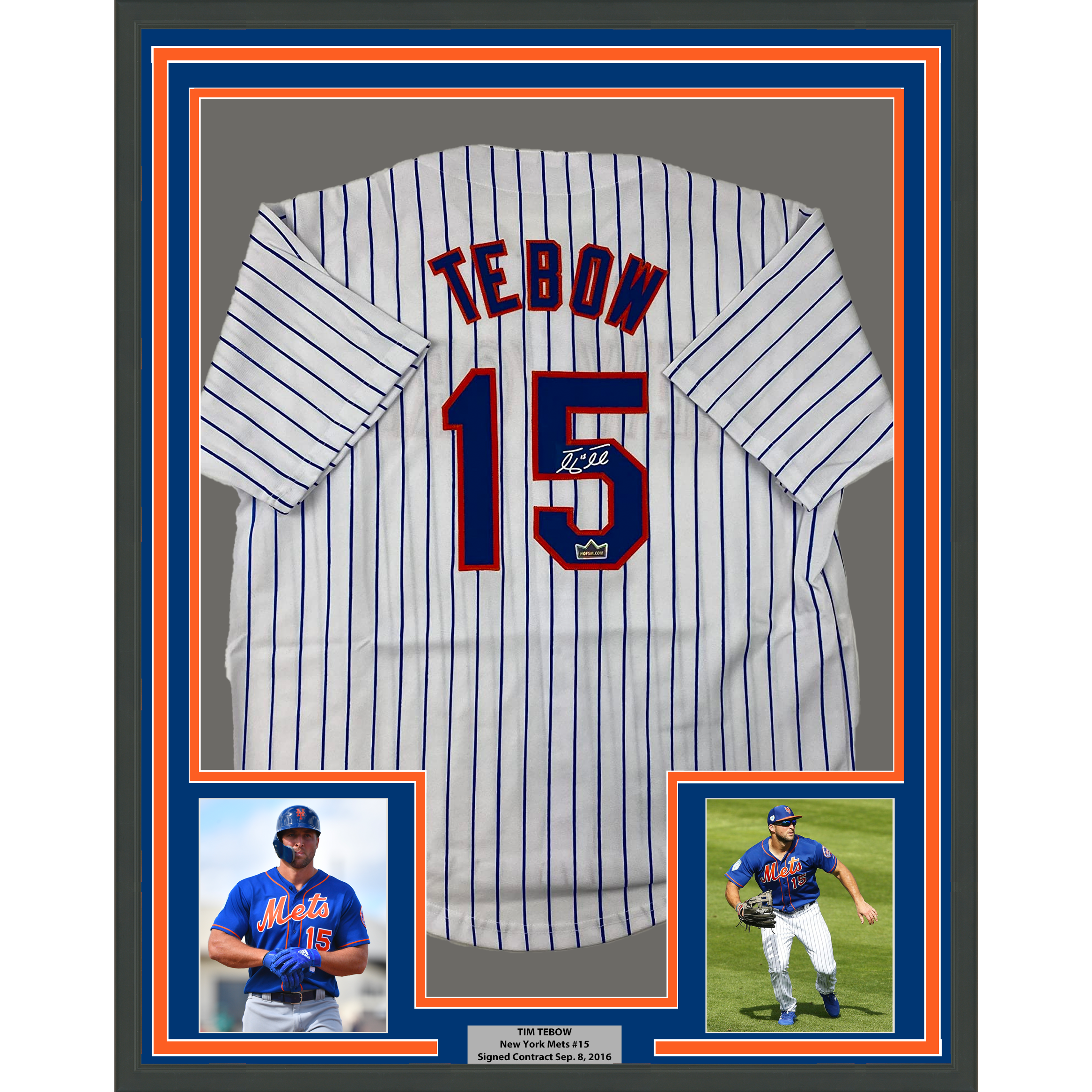 Framed Facsimile Autographed Tim Tebow 35x39 New York Pinstripe Reprint Laser Auto Baseball Jersey Size Men's XL