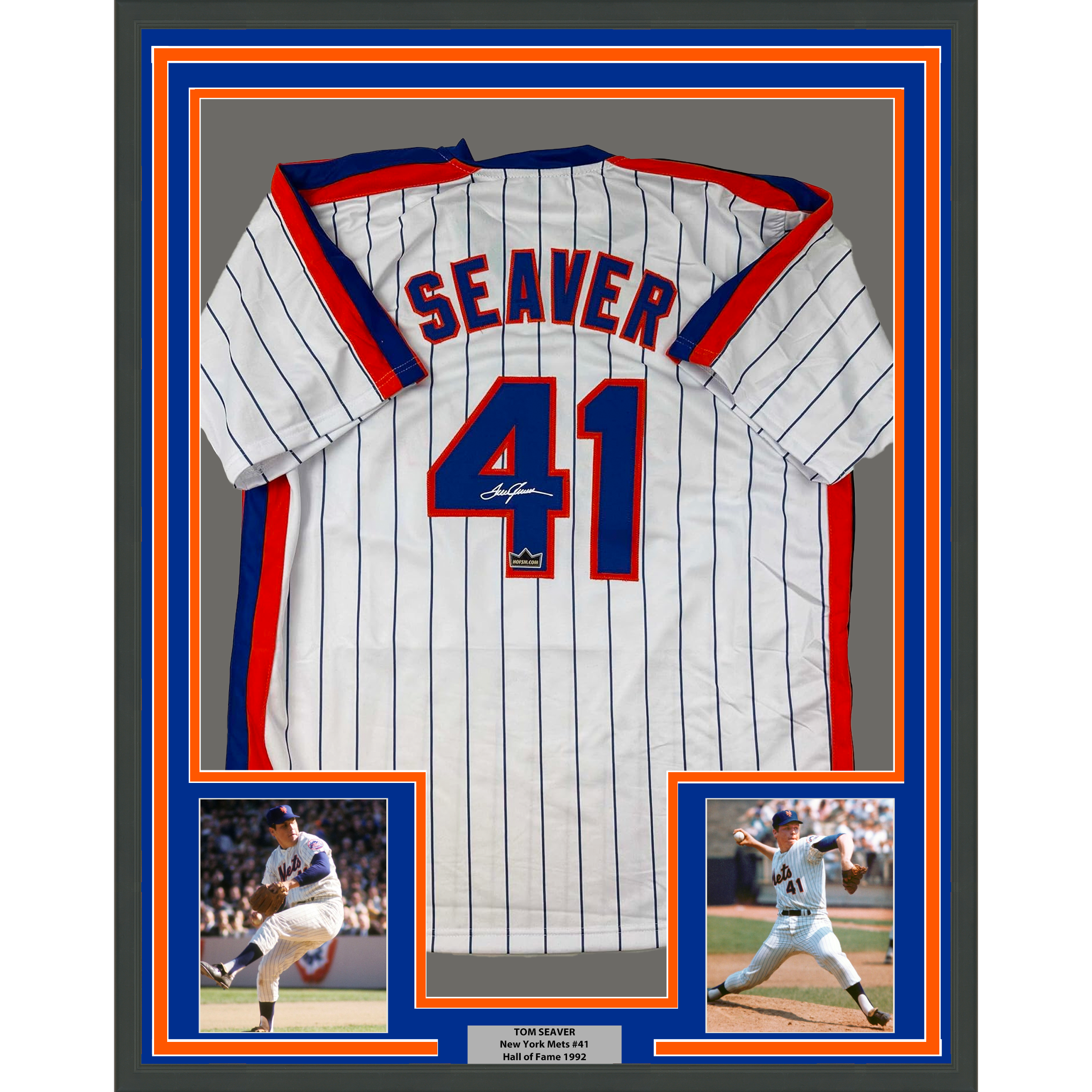 Framed Facsimile Autographed Tom Seaver 35x39 New York Pinstripe Reprint Laser Auto Baseball Jersey