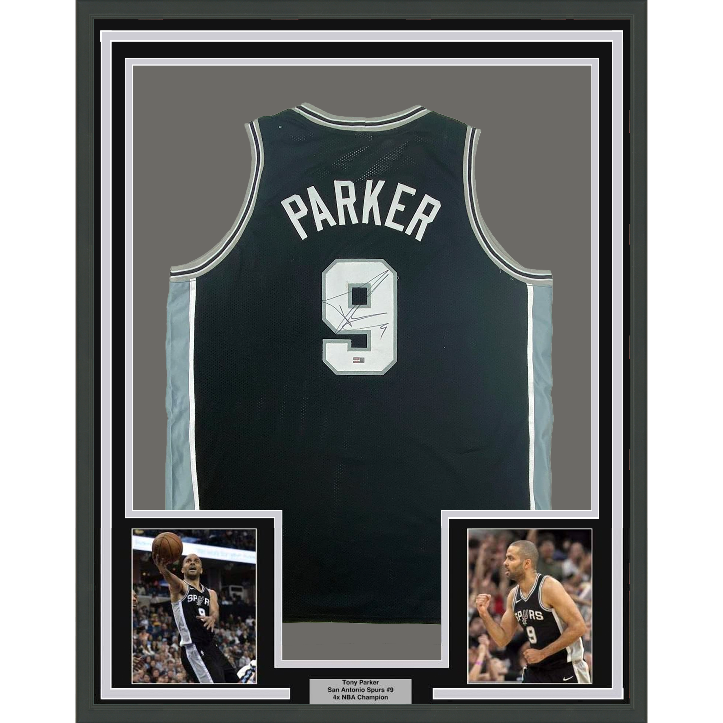 Framed Autographed/Signed Tony Parker 35x39 San Antonio Black Basketball Jersey Steiner COA