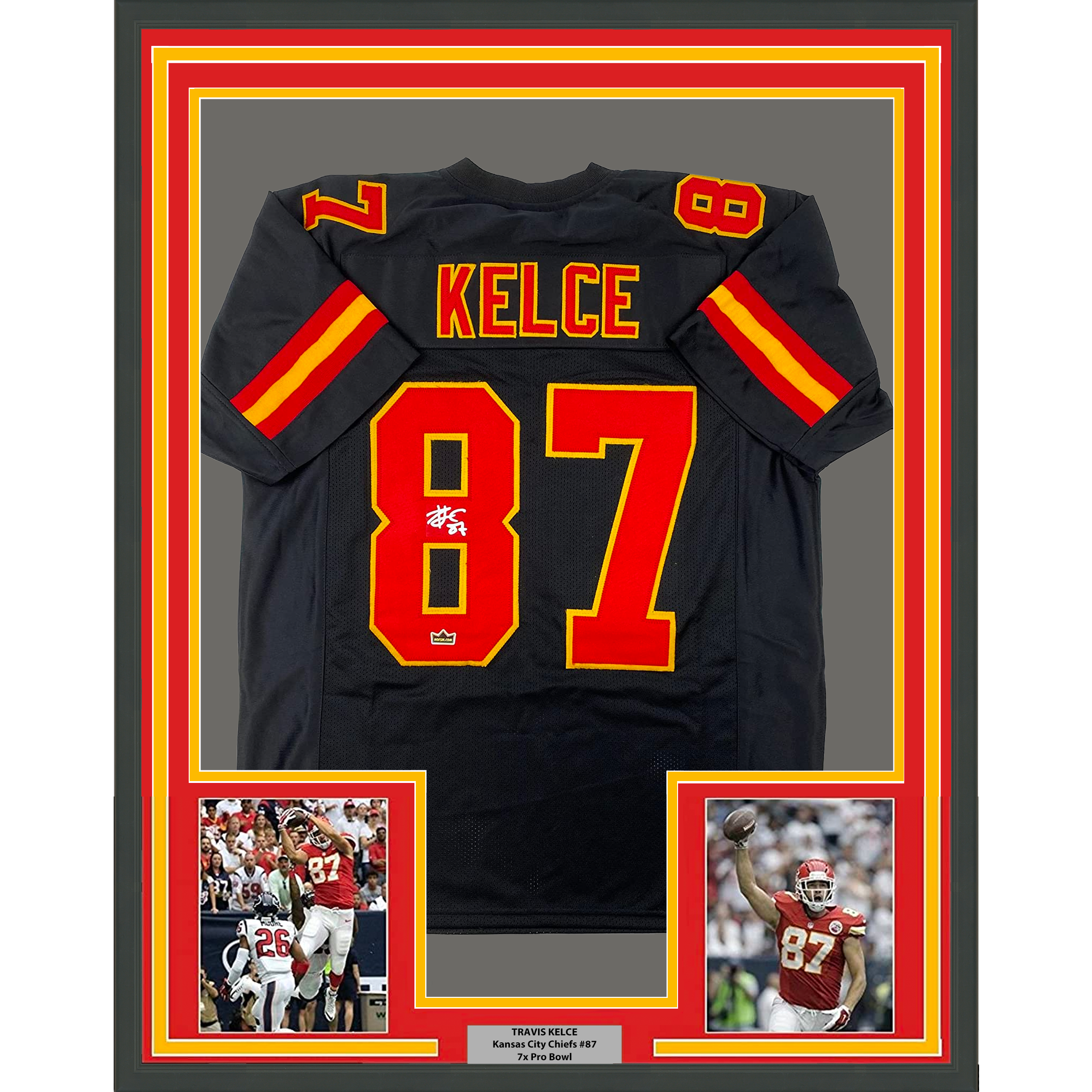 Framed Facsimile Autographed Travis Kelce 35x39 Kansas City Black Reprint Laser Auto Football Jersey Size Men's XL