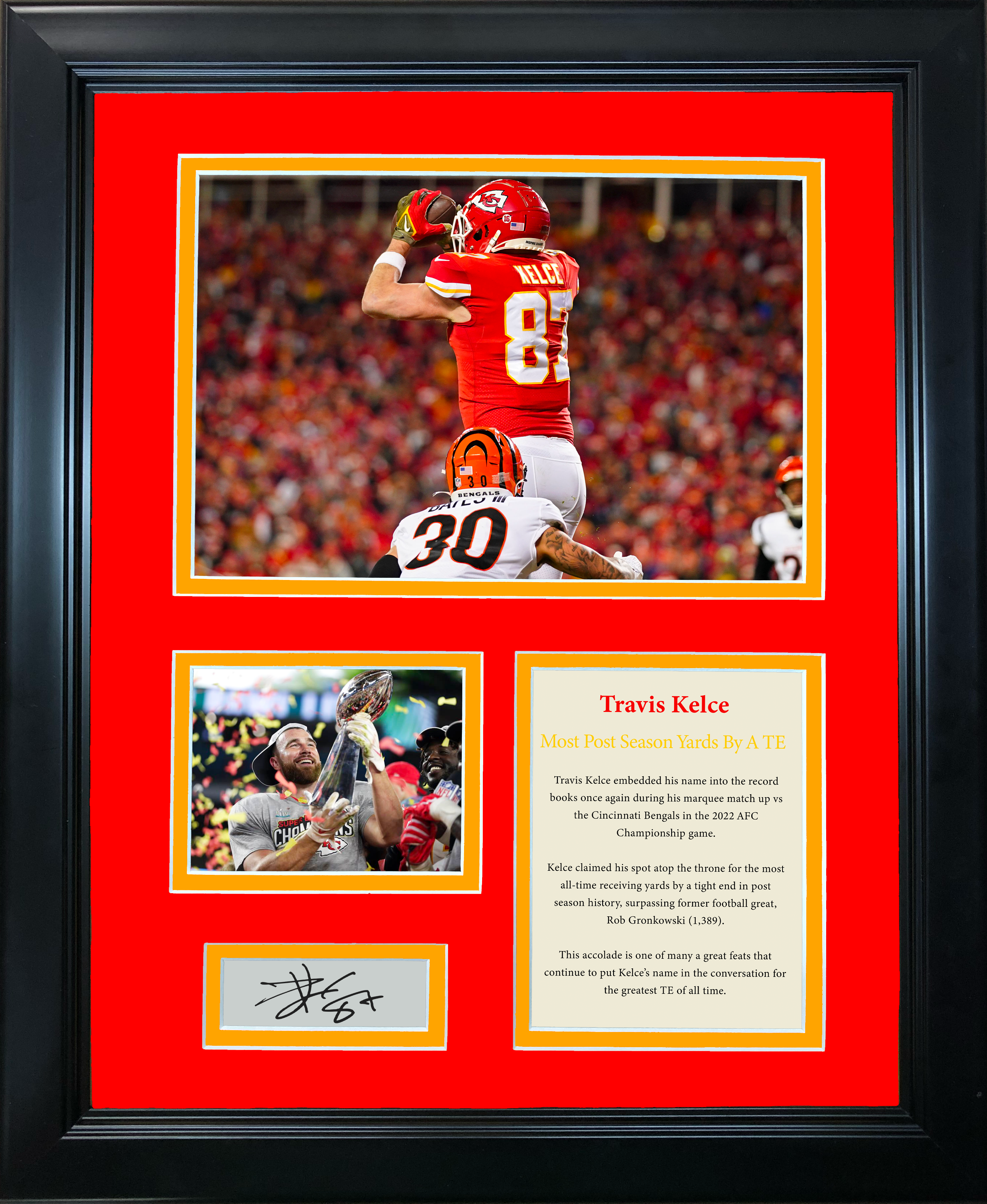 Framed Travis Kelce Record Most Post Season Receiving Yards by Tight End Kansas City Chiefs Facsimile Laser Engraved Signature Auto Football 11"x14" Photo Sig Collage