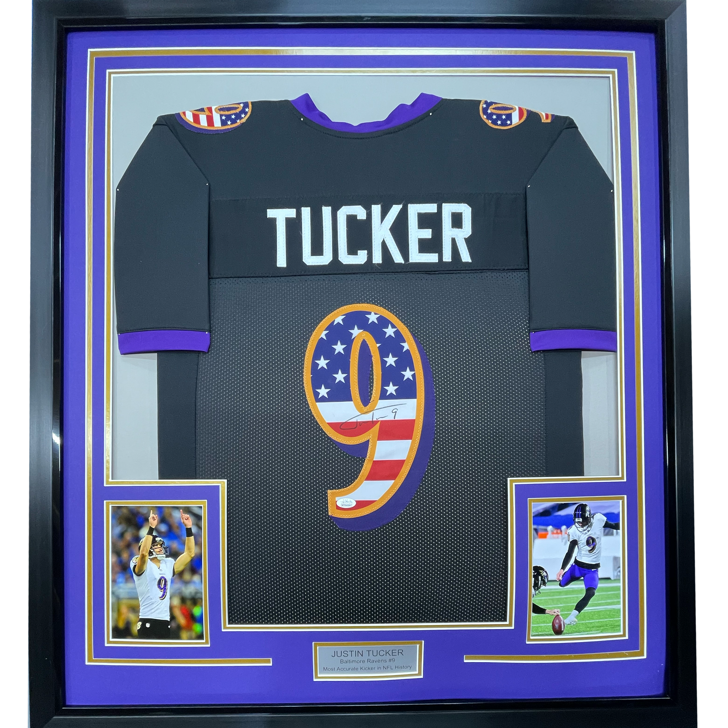 Framed Autographed/Signed Justin Tucker 35x39 Baltimore Black USA American Flag Football Jersey JSA COA