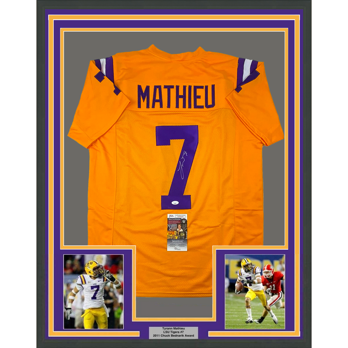 Framed Autographed/Signed Tyrann Mathieu 35x39 LSU Yellow College Football Jersey JSA COA