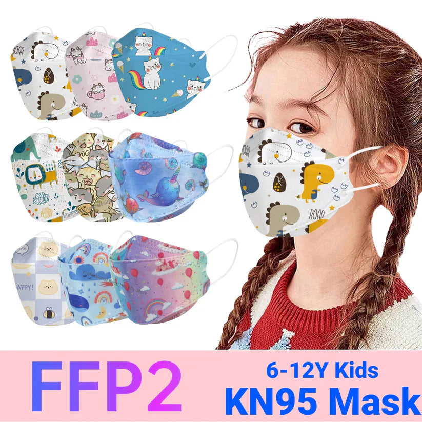 Kids KN95 Masks – Cartoon Dinosaur, Cat, and Rainbow Prints – 4-Ply Breathable