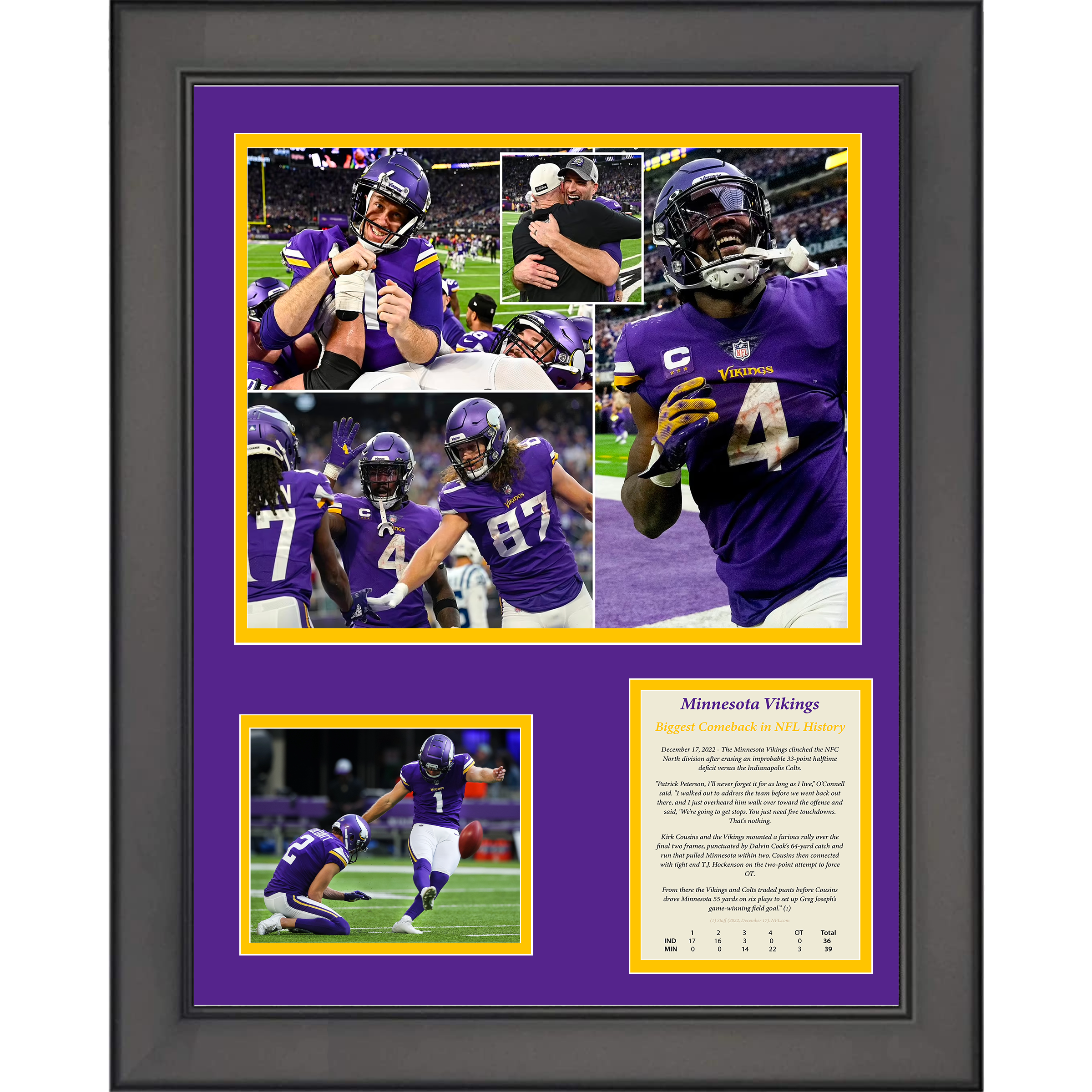 Framed Minnesota Vikings NFL Record 33 Point Comeback 11"x14" Football Three Photo Collage