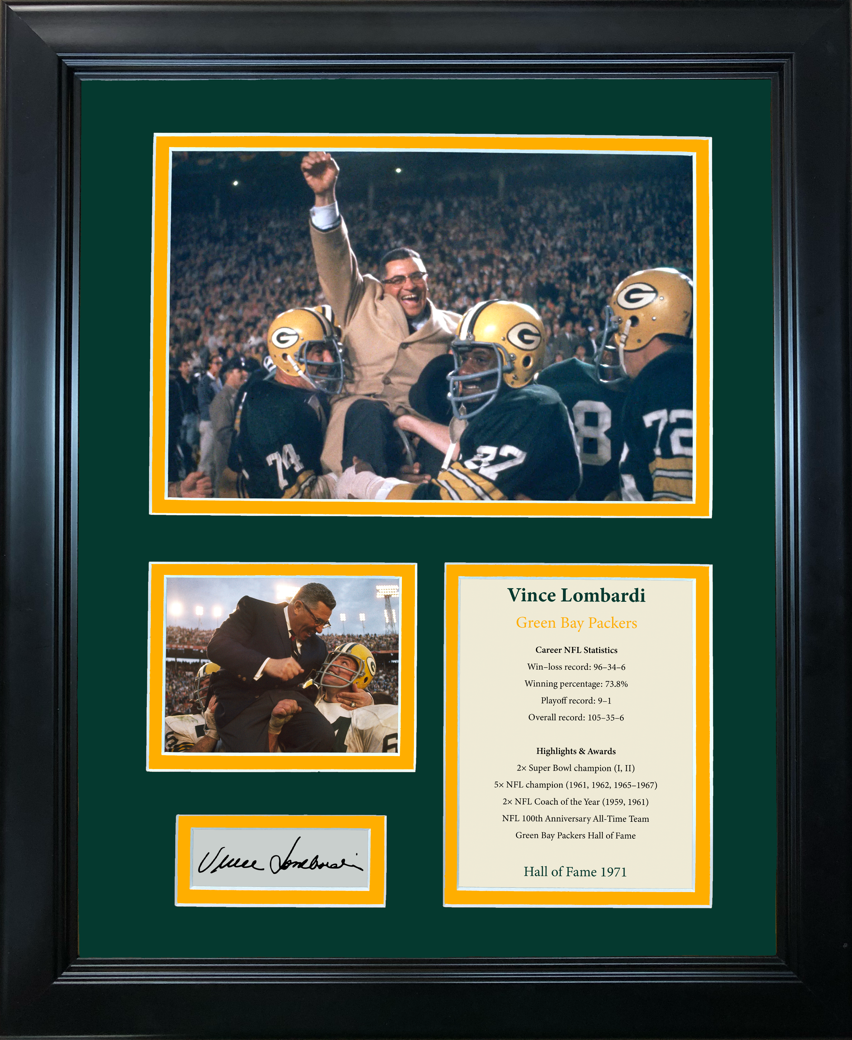 Framed Vince Lombardi Hall of Fame Facsimile Laser Engraved Signature Auto Green Bay Packers 11"x14" Photo Sig Collage