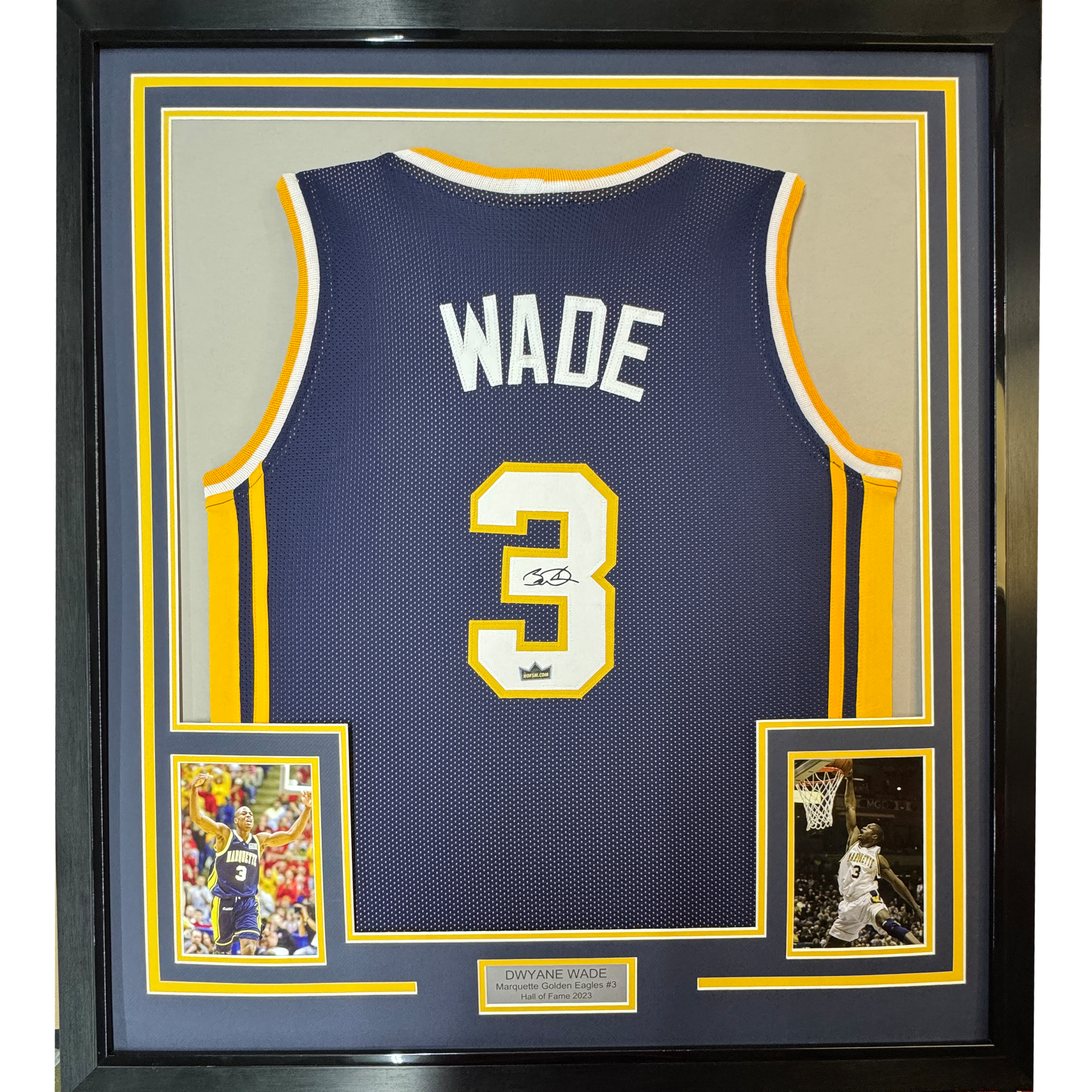 Framed Facsimile Autographed Dwyane Wade 35x39 Marquette Blue Reprint Laser Auto College Basketball Jersey