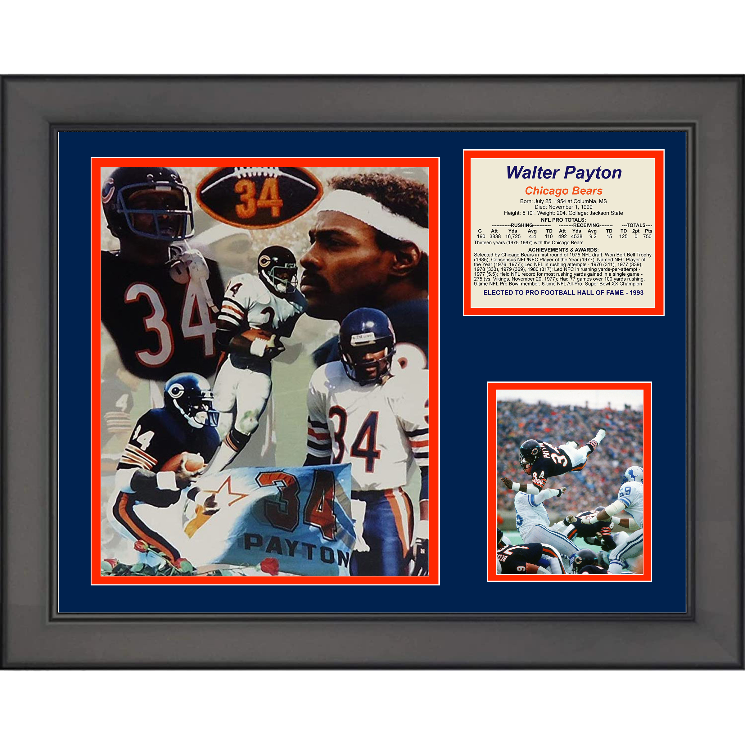 Framed Walter Payton Hall of Fame Chicago Bears 11"x14" Football Three Photo Collage #2