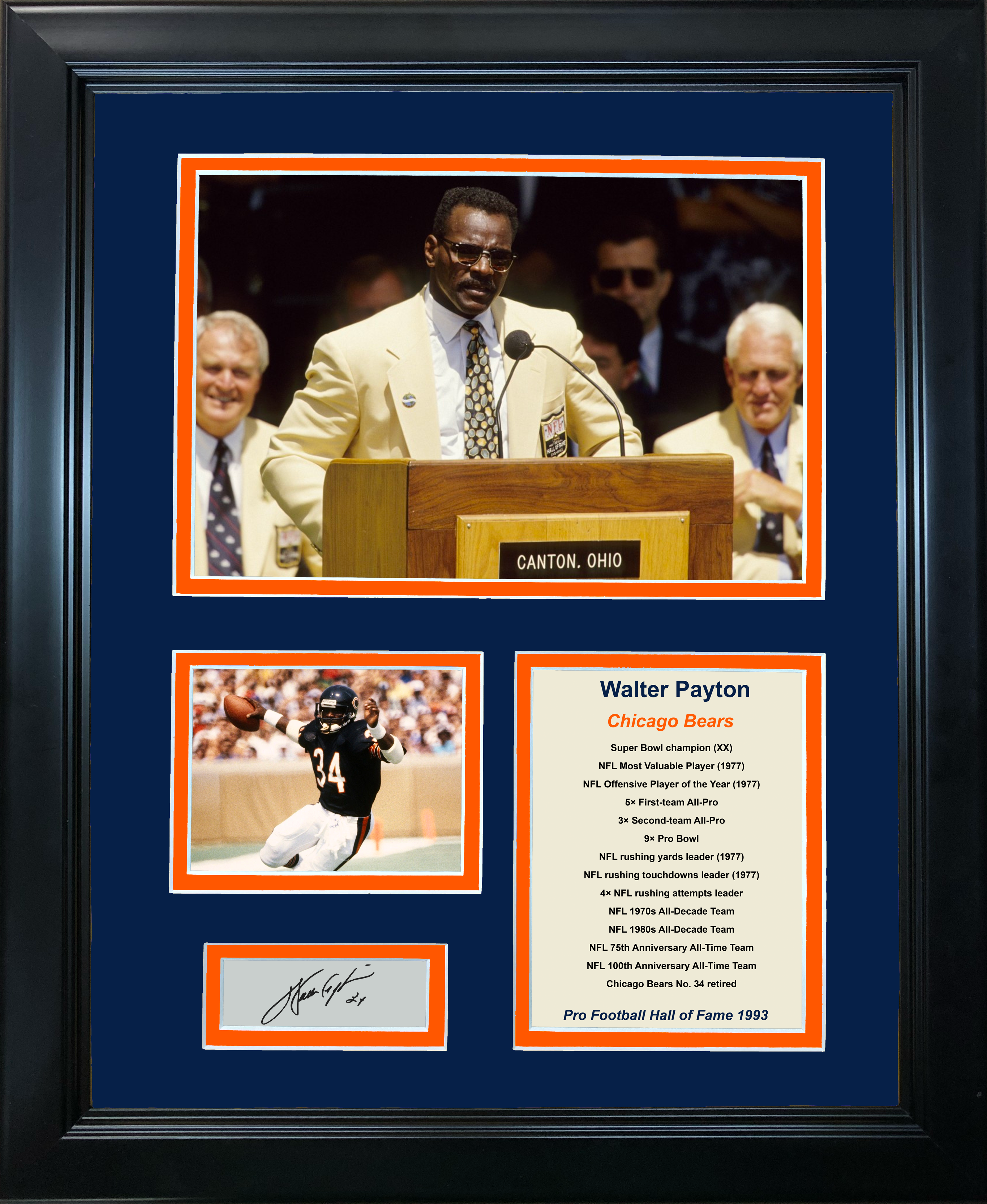 Framed Walter Payton Hall of Fame Facsimile Laser Engraved Signature Auto Chicago Bears 11"x14" Photo Sig Collage