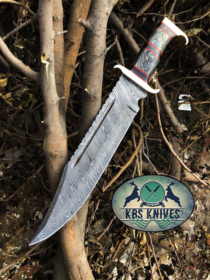 Western Outlaw Bowie Knife - Custom Handcrafted Damascus Steel Blade, Exotic Wood Handle, Red Fiber Spacers, Brass Guards, 16" Overall Length | Leather Sheath | KBS Knives