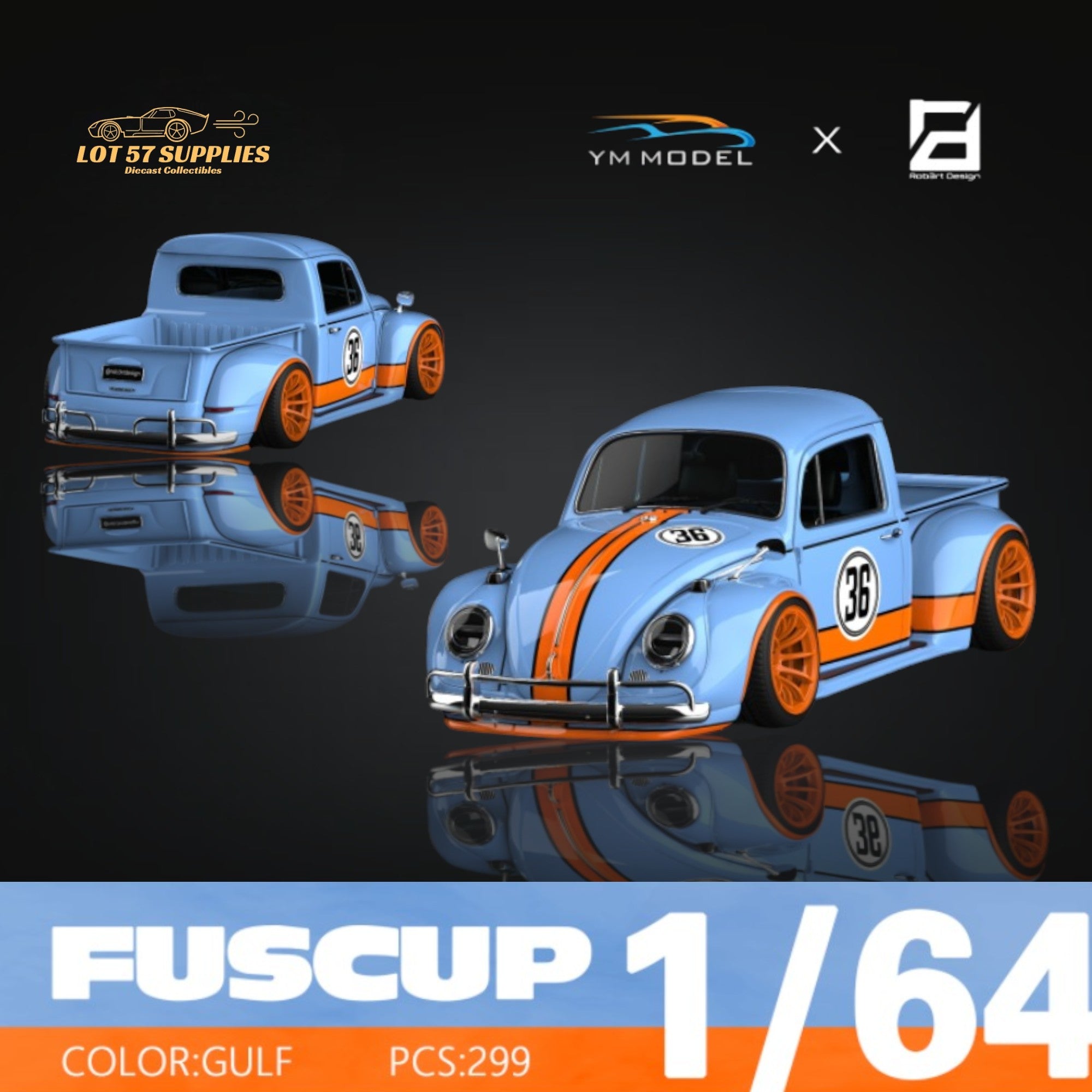 (Pre-Order) YM Model X Robert Design Volkswagen Beetle Pickup Truck FUSCUP in Gulf Livery 1:64 Limited to 299 Pcs