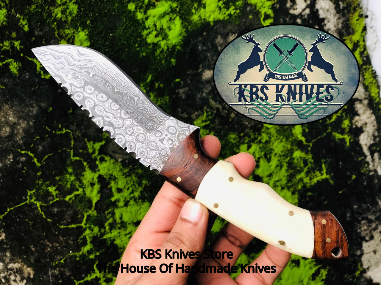Custom Handmade Raindrop Damascus Steel Hunting Camping Knife