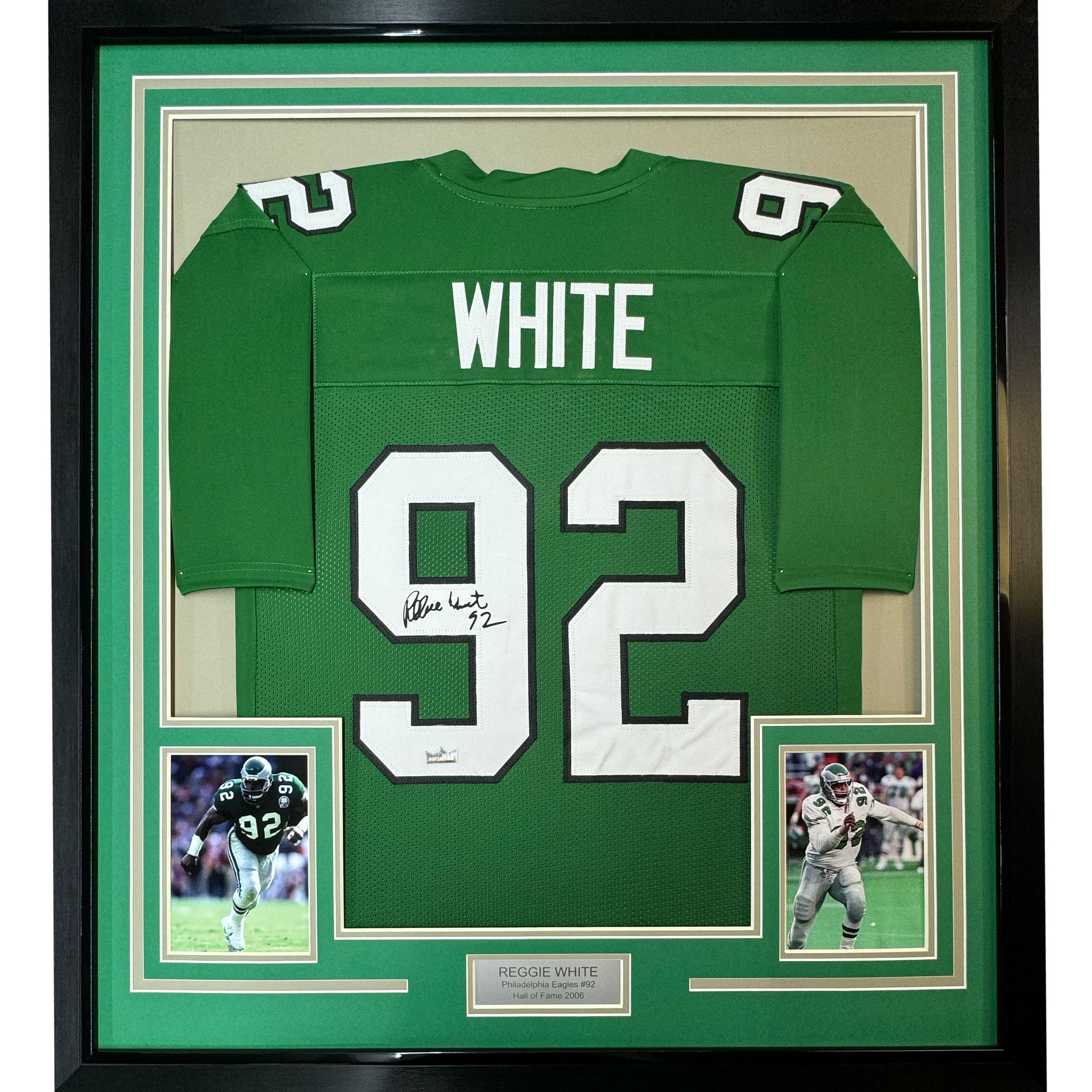 Framed Facsimile Autographed Reggie White 35x39 Philadelphia Kelly Green Reprint Laser Auto Football Jersey