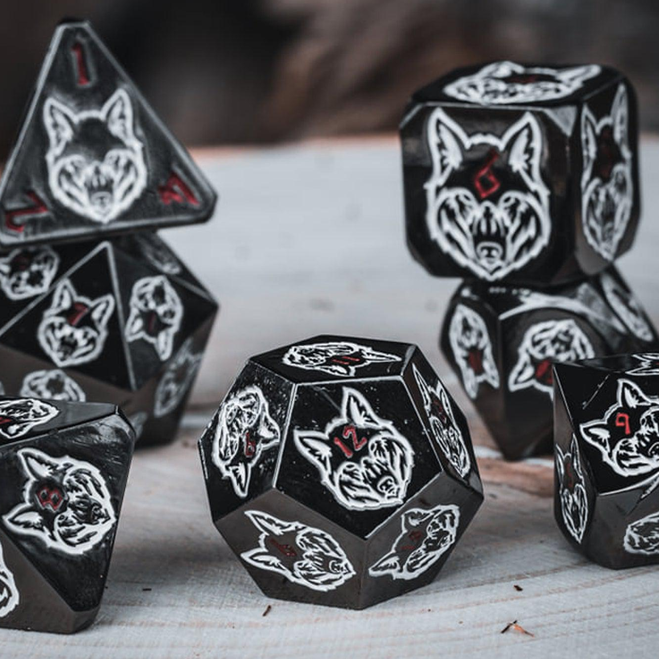 Wolves' Den White, Red, and Black Metal Dice Set
