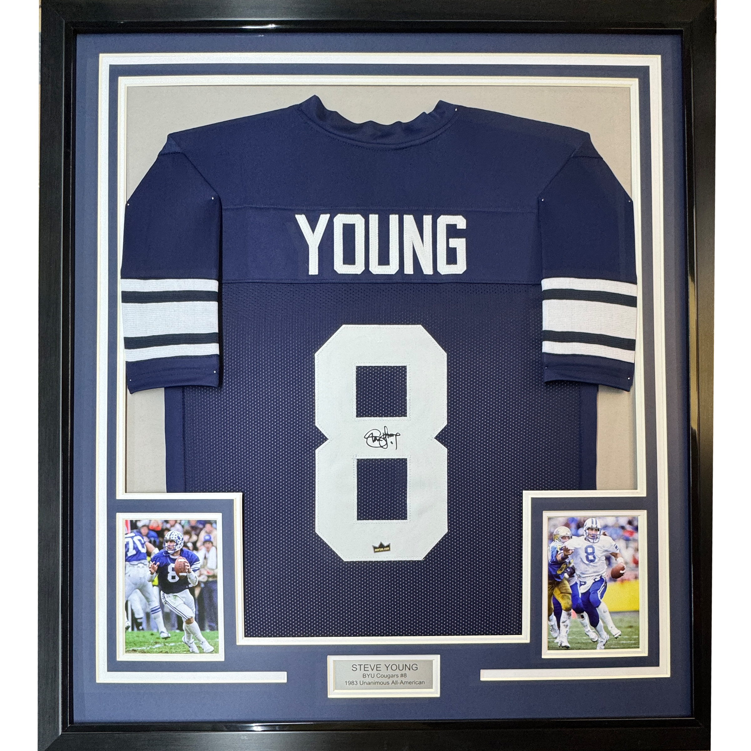 Framed Facsimile Autographed Steve Young 35x39 BYU Blue Reprint Laser Auto College Football Jersey