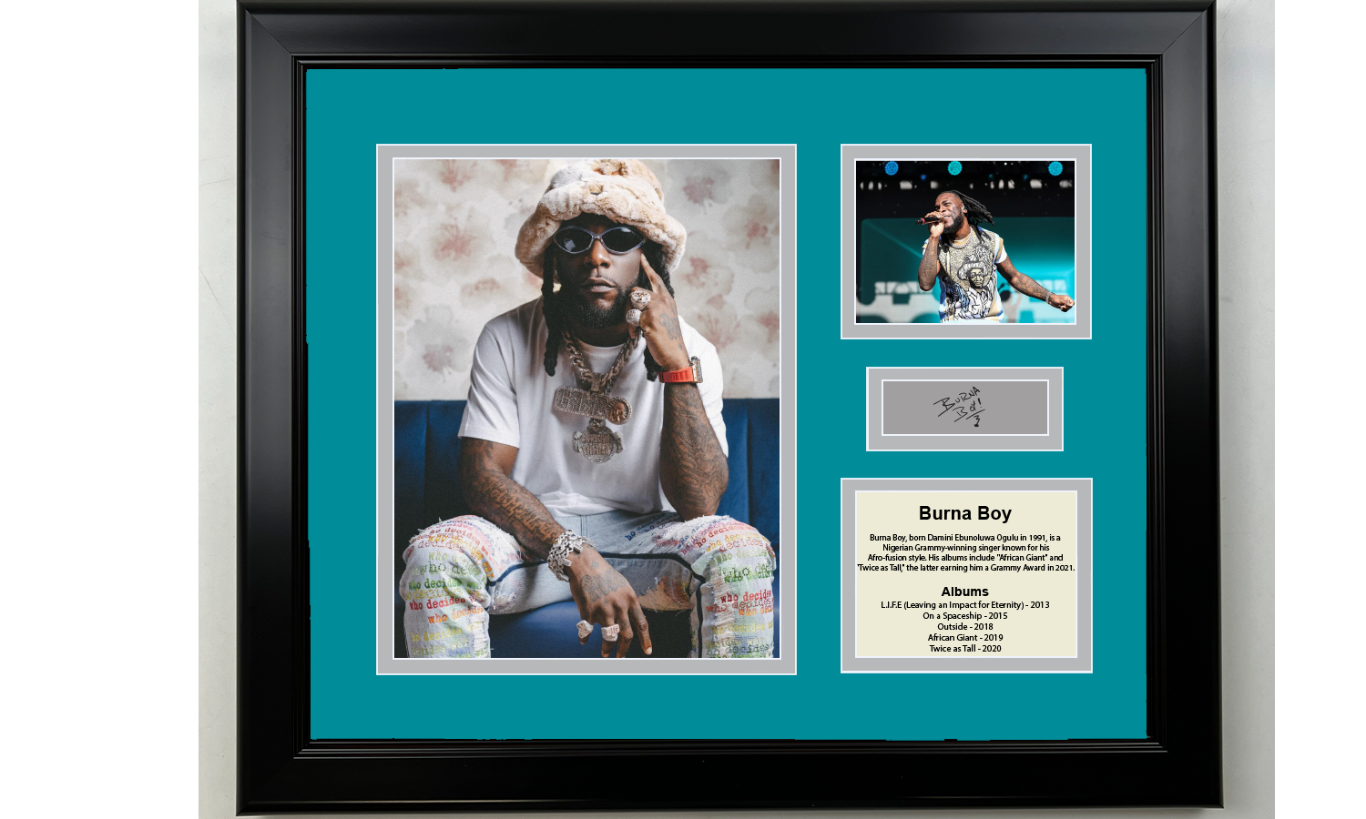 Framed Burna Boy Facsimile Laser Engraved Signature 14x11 3 Photo Collage