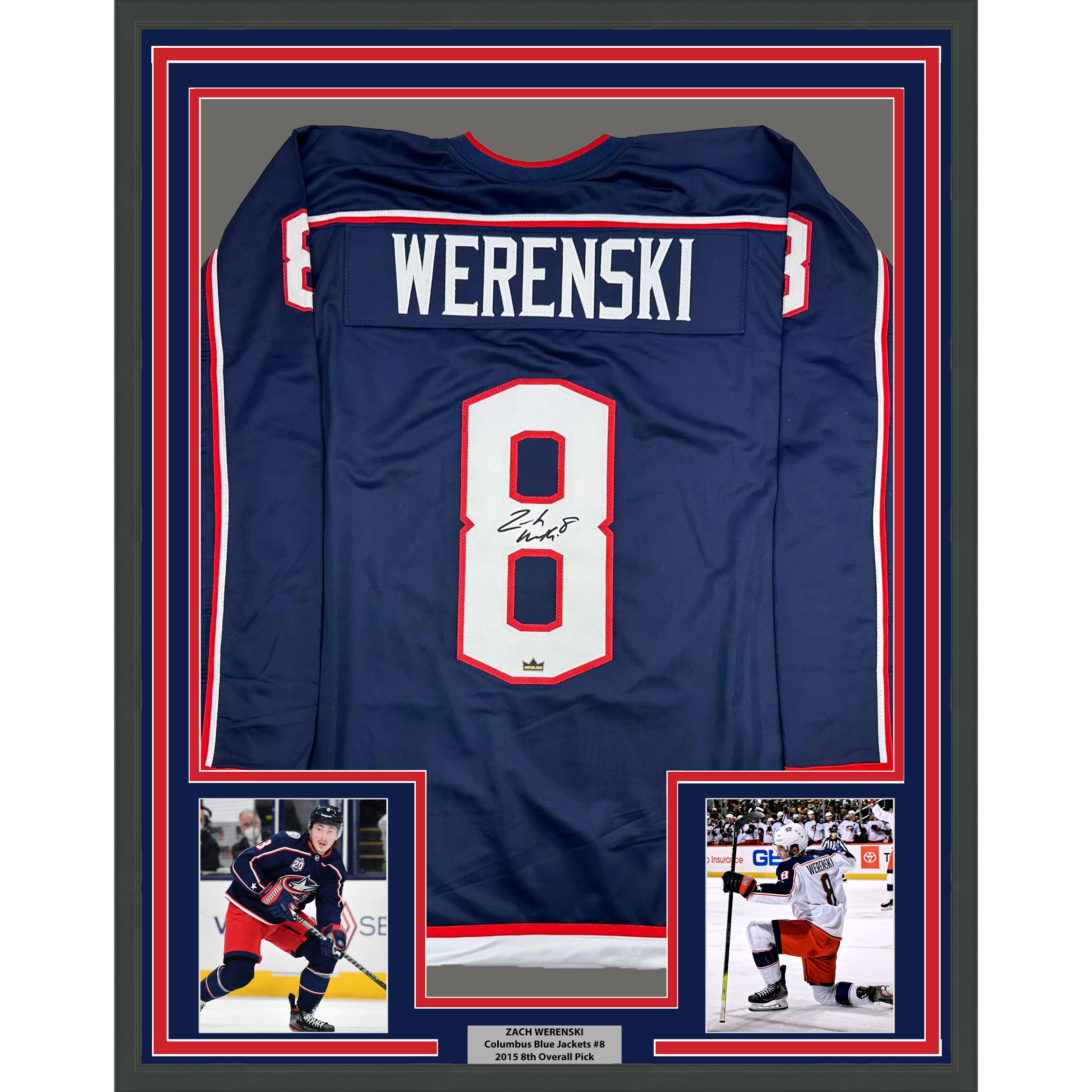 Framed Facsimile Autographed Zach Werenski 35x39 Columbus Blue Reprint Laser Auto Hockey Jersey