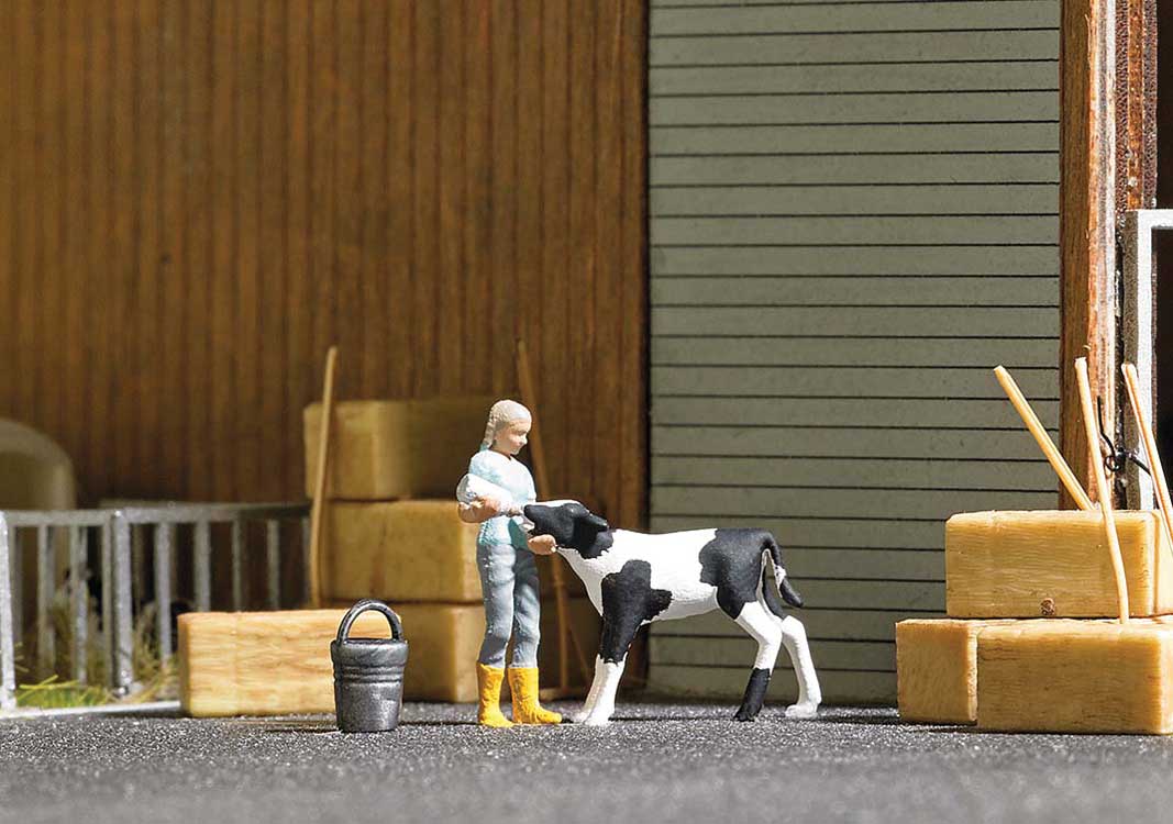 Busch 7932 HO Scale Calf Feeding - Girl Feeding Calf, Stable Tools, Hay Bales